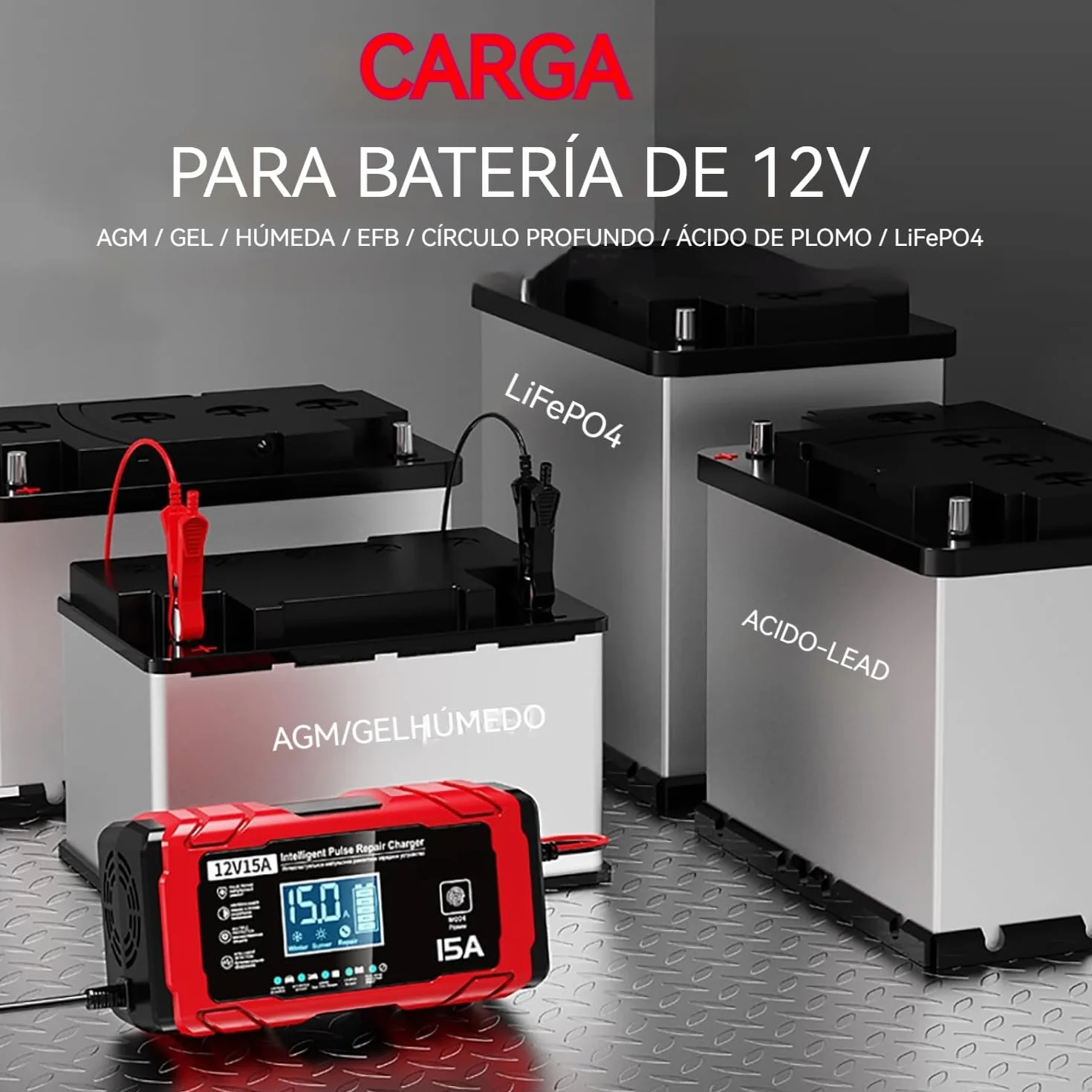 Cargador Baterias Coche 15A - Inteligente Cargador Bateria Moto 12V 15A, Compensación de Temperatura, Apto para Baterías de Plomo-ácido y de Fosfato de Hierro y Litio, Barcos y Motocicletas