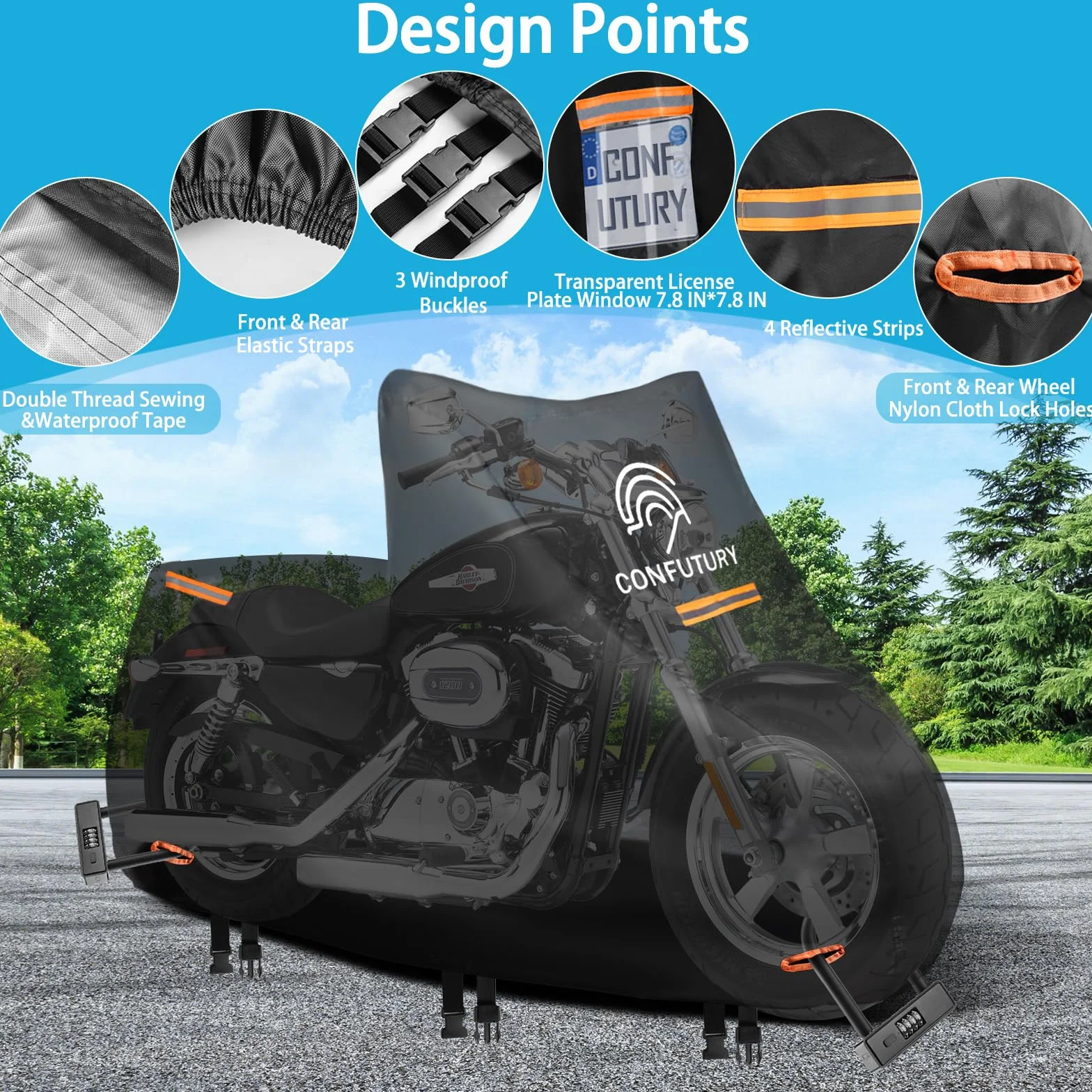 Funda Moto Impermeable Utiliza Nano Tela 600D, Funda para Moto con Ventana de MatríCula,4 Tiras Reflectantes, 3 Hebillas A Prueba de Viento,Resistente al Sol y al Polvo (M 185x85x100CM)
