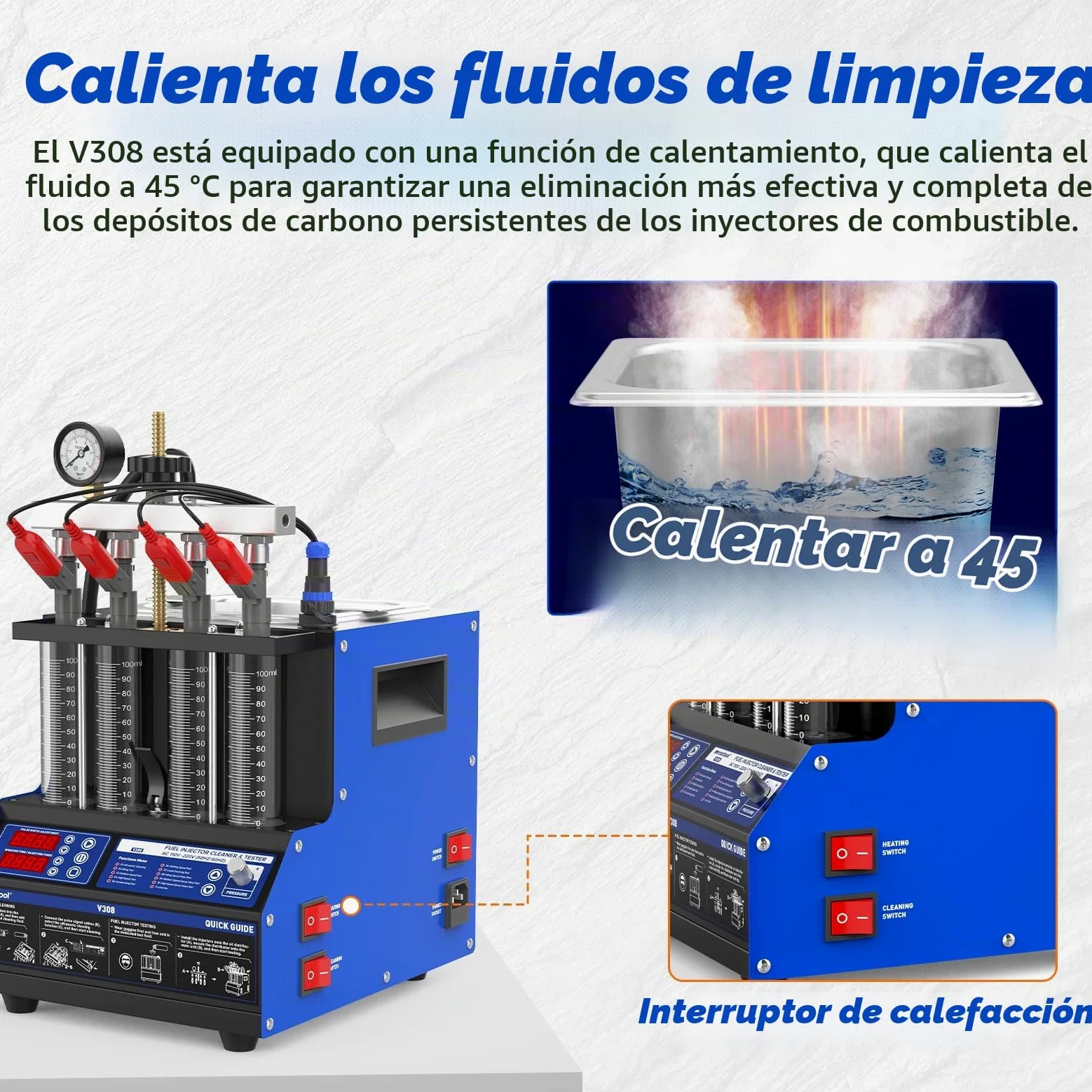 BELEY Limpiador de inyectores ultrasónicos de 220 V y dispositivo de prueba con función de calefacción, limpiador de inyectores de combustible con 10 funciones de prueba, pantalla LED y adaptador de 4