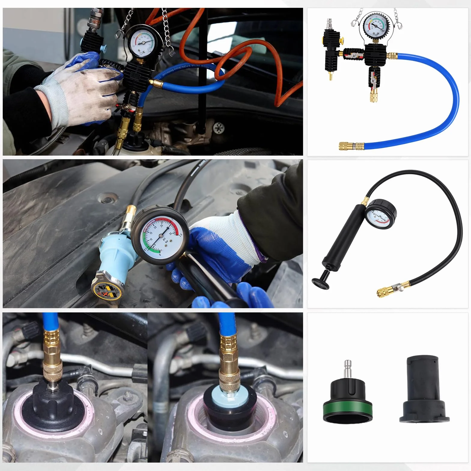 OiLiehu Kit de Probador de Presión de Refrigerante 28 Piezas, con Herramienta de Purga y Llenado, 17 Adaptadores Metálicos para Coches, Color Rojo