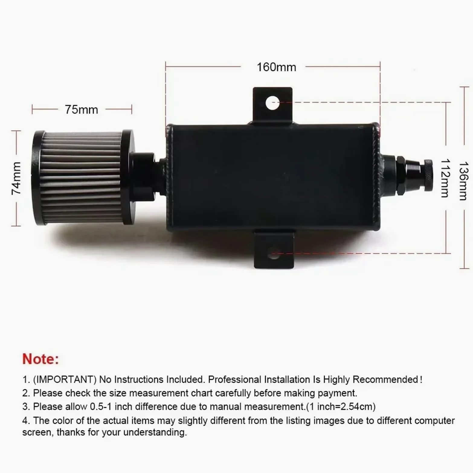 Separador de Aceite Universal de 1 litro con deflectores, depósito de Recogida de Aceite con Filtro de Aire, respiradero y Varilla medidora de Aceite para Sistema de ventilación del Motor.