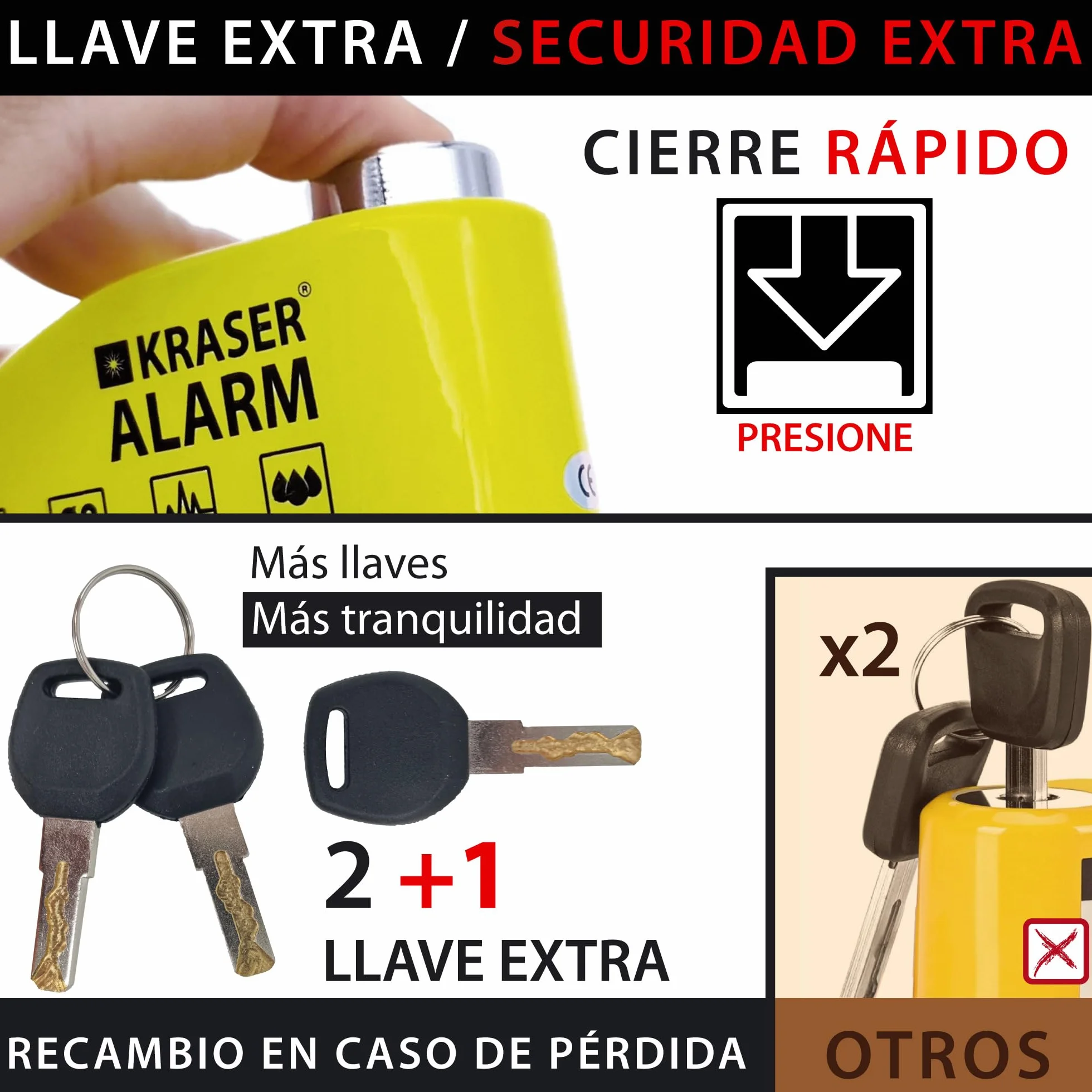 KRASER KR6Y Candado Moto con Alarma 110dB Antirrobo Disco Reforzado 3 Llaves Alta Seguridad Impermeable