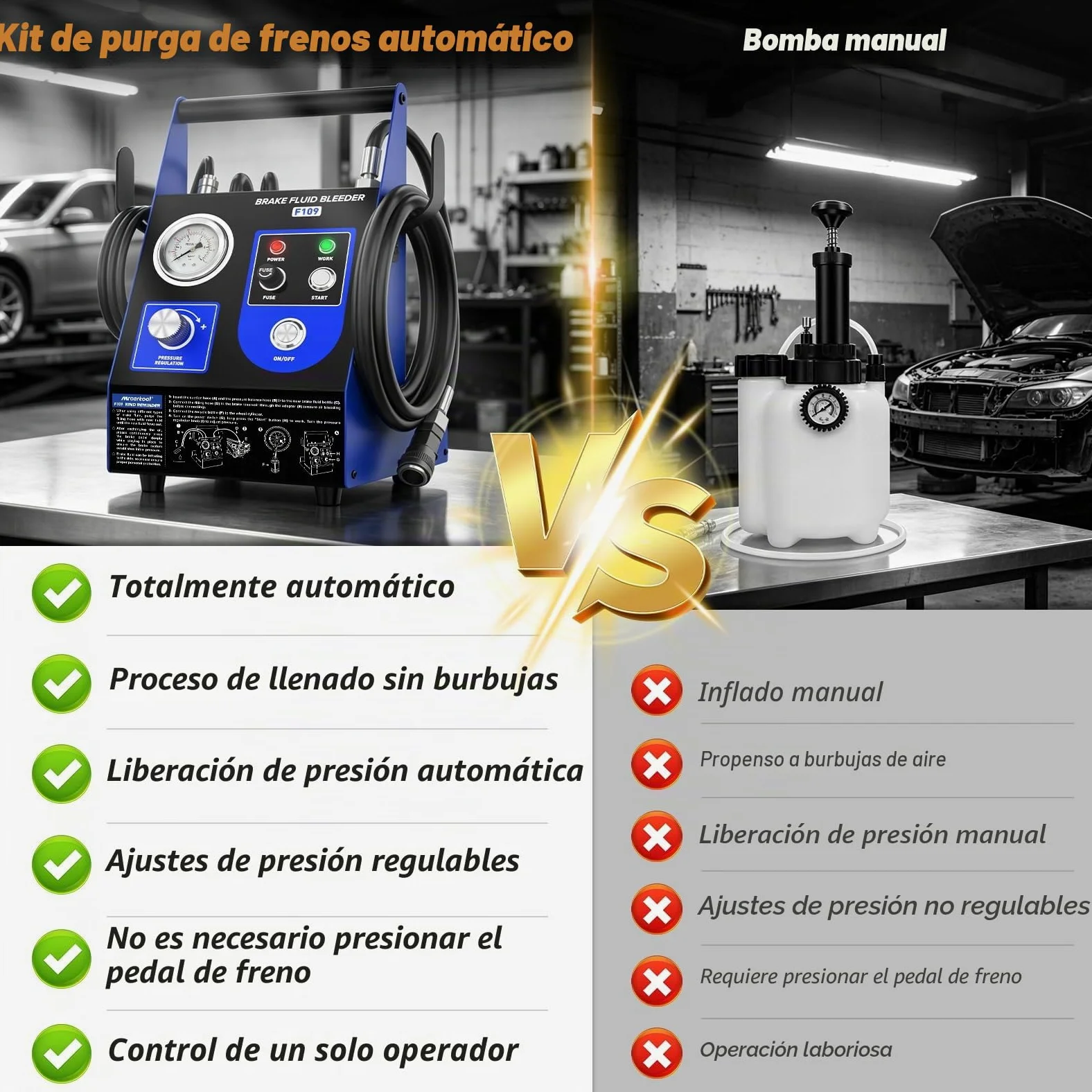 F109 Purgador de frenos de coche eléctrico con automático de un botón | Equipo cambiador de líquido de frenos por impulsos, 3 adaptadores de aluminio para depósito principal, regulable 0,5–2,5 Bar