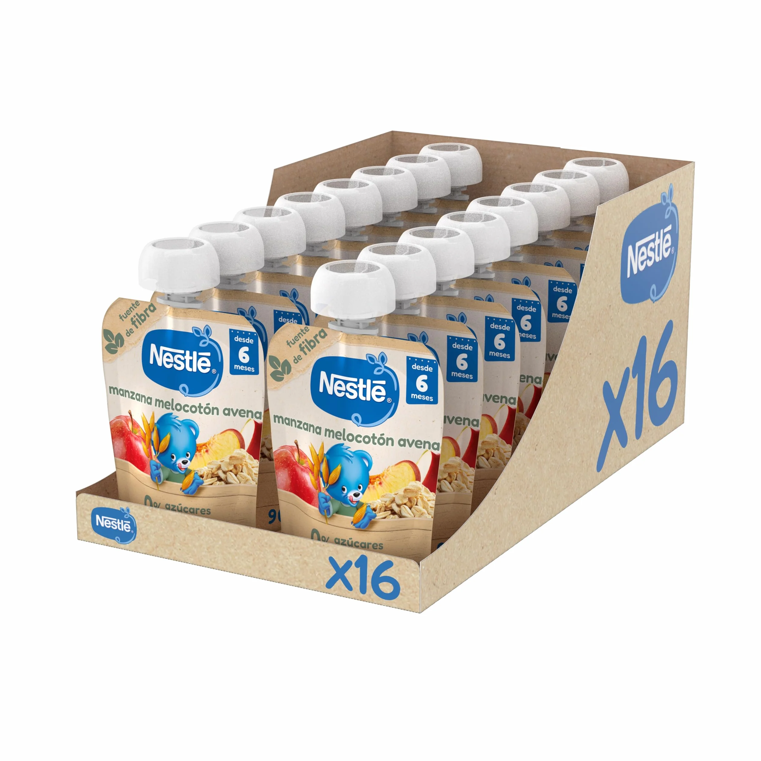 NESTLÉ Puré Manzana Melocotón y Avena para bebés 6 meses 16x90g