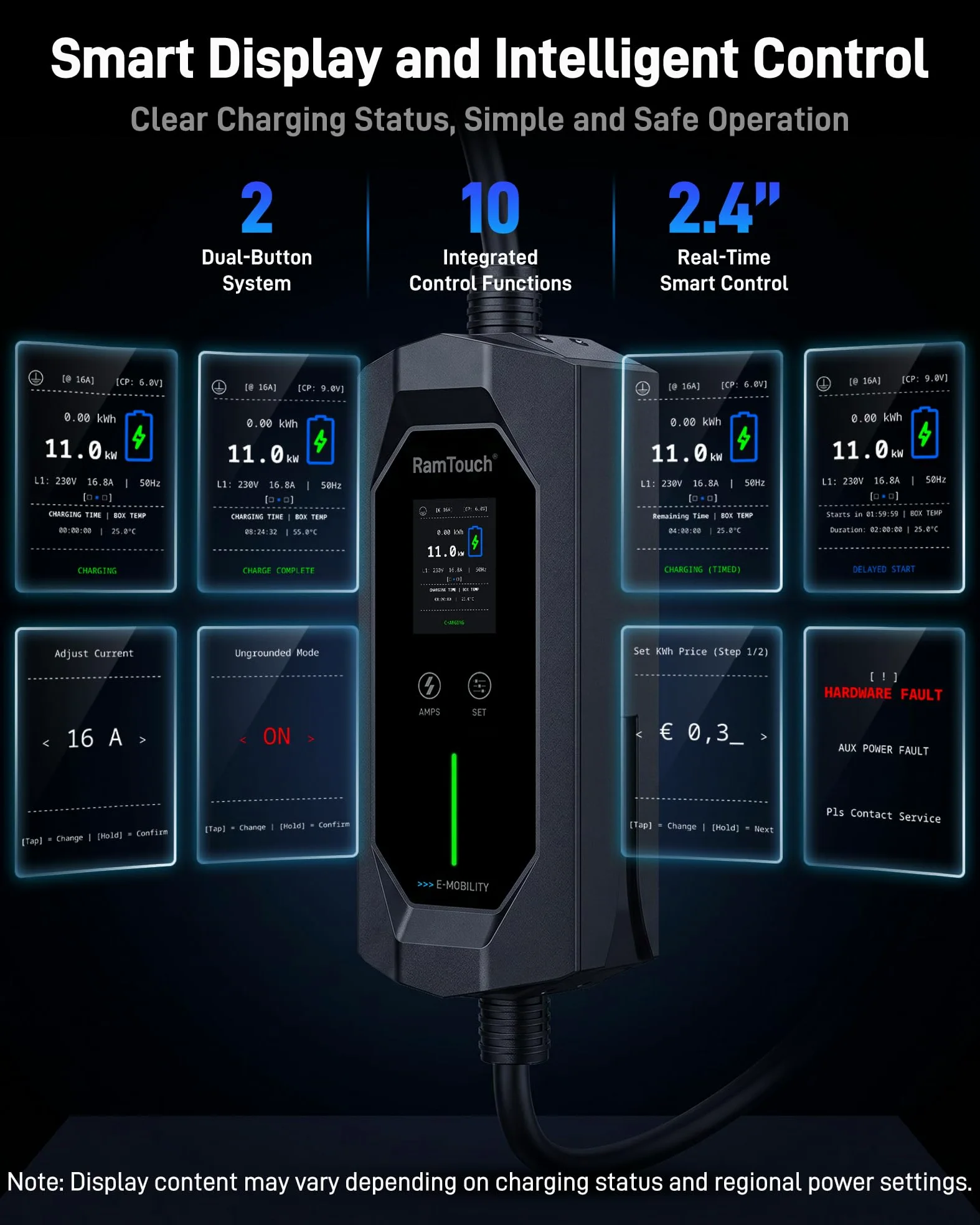 Cargador Coche Eléctrico 11 kW, 16 A, 5 m | CEE Rojo 5P a Tipo 2 | Trifásico | IP67 | 6–16 A | Timer + inicio diferido | LCD 2,4" | RCD CA/CC | Cable Modo 2 / wallbox móvil | para VE y PHEV
