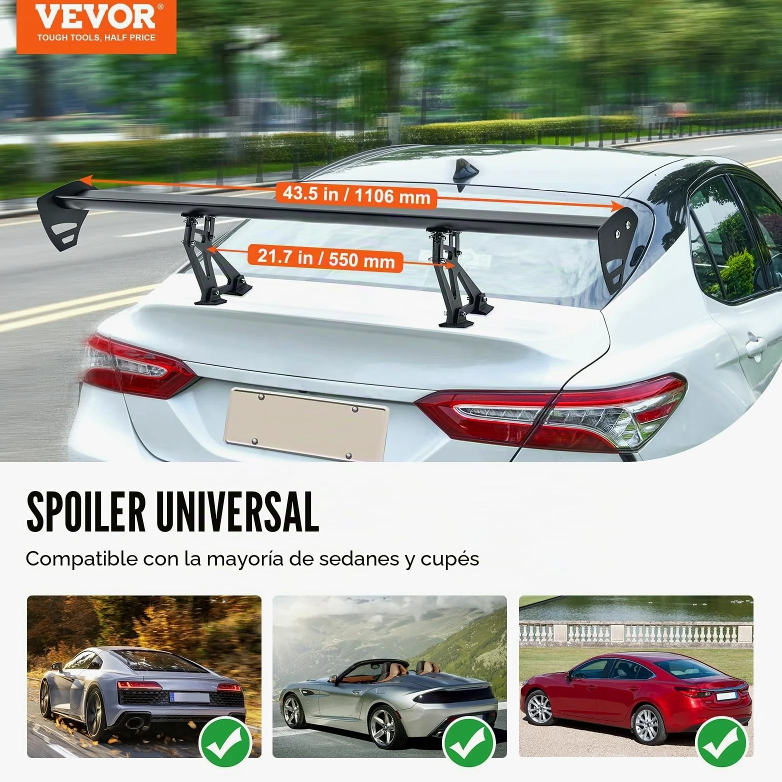 VEVOR GT Wing - Alerón universal de 43.3 pulgadas con cubierta única, aluminio ligero ajustable, alerón trasero para coches y carreras BGW/JDM Drift negro