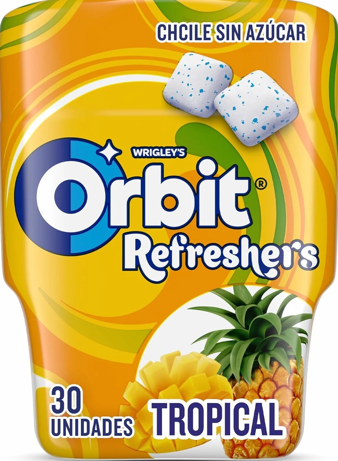 Orbit Bote de Chicles Sin Azúcar Sabor Tropical, Afrutado, Intenso y de Larga Duración (6 x 30 chicles)