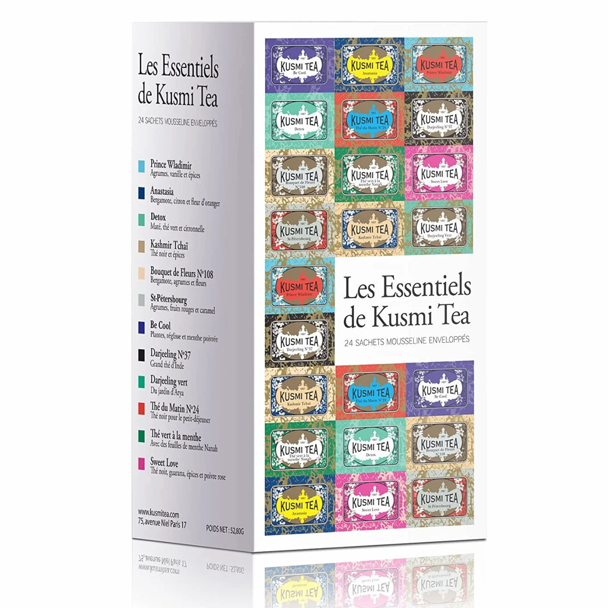 Kusmi Tea Estuche de bolsas de té Les Essentiels Surtido 12 recetas Lata 24 bolsas de muselina