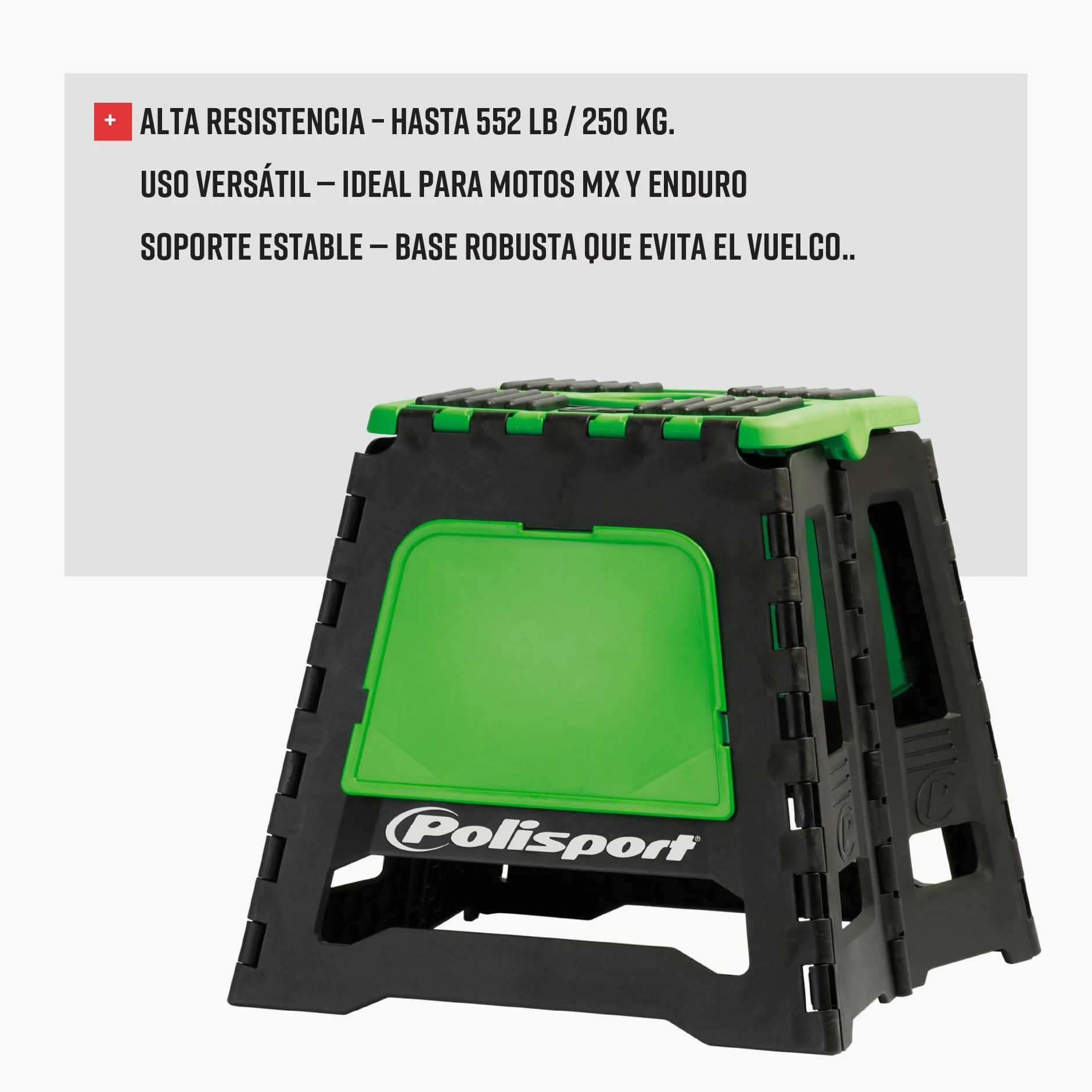 Polisport Off Road 8981500005 Caballete Plegable para Moto – Ligero, Motocross, Caballete Moto, Off-Road, Compacto, Portátil, 250 Kg, Podio Oficial FIM, Caballete Moto, Verde