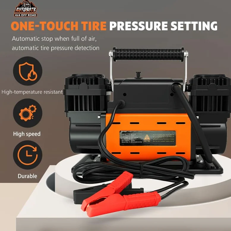 Compresor de Ruedas Portátil Bicilíndrico 12V 350L/min 150PSI con Pantalla LCD Inteligente Auto Stop, Accesorios y Bolsa Reforzada