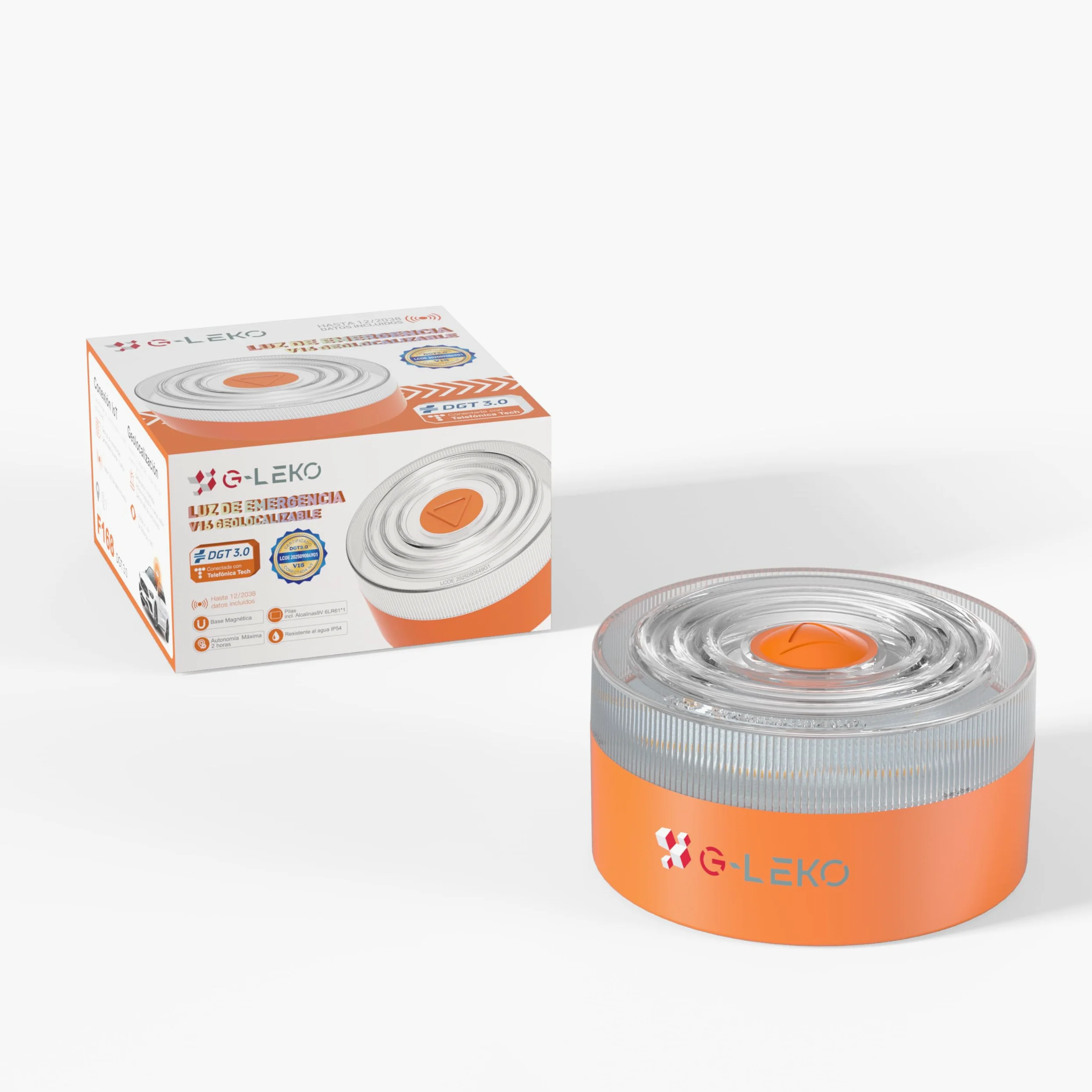 G-LEKO Luz Emergencia Baliza V16 HOMOLOGADA DGT 3.0 Obligatorio 2026. Geolocalización con Datos Incluídos hasta 2038. Señal V-16 Luz LED Mayor Visibilidad >1km y 360° con Base Imantada IP54 *3u