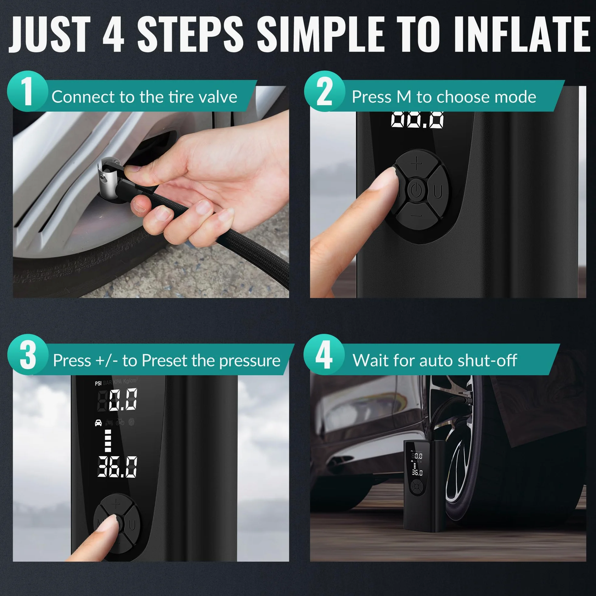 Inflador de neumáticos, compresor de aire portátil, bomba de aire para neumáticos de coche, portátil, 180 PSI, inalámbrico eléctrico, inflado rápido 3 veces, inflador de neumáticos con calibre, LED
