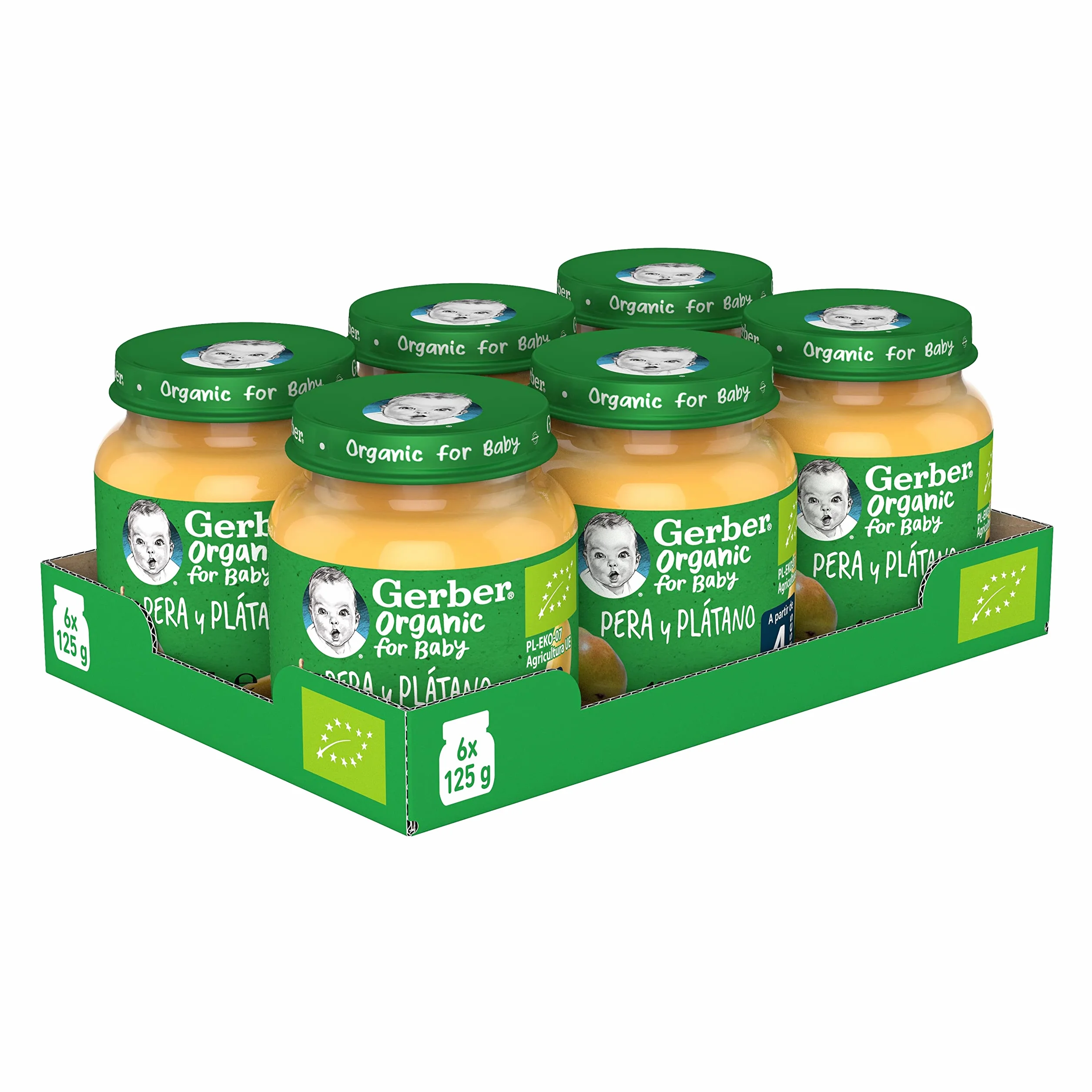 GERBER Organic Pera y Plátano Puré para Bebés 6x125g