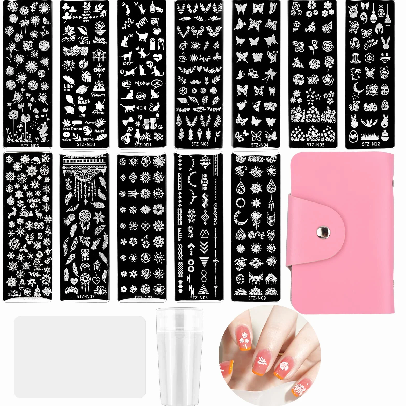 Nail Art Stamping Kit Plantillas para Uñas con Bolso Placas Sello Raspador Silicona