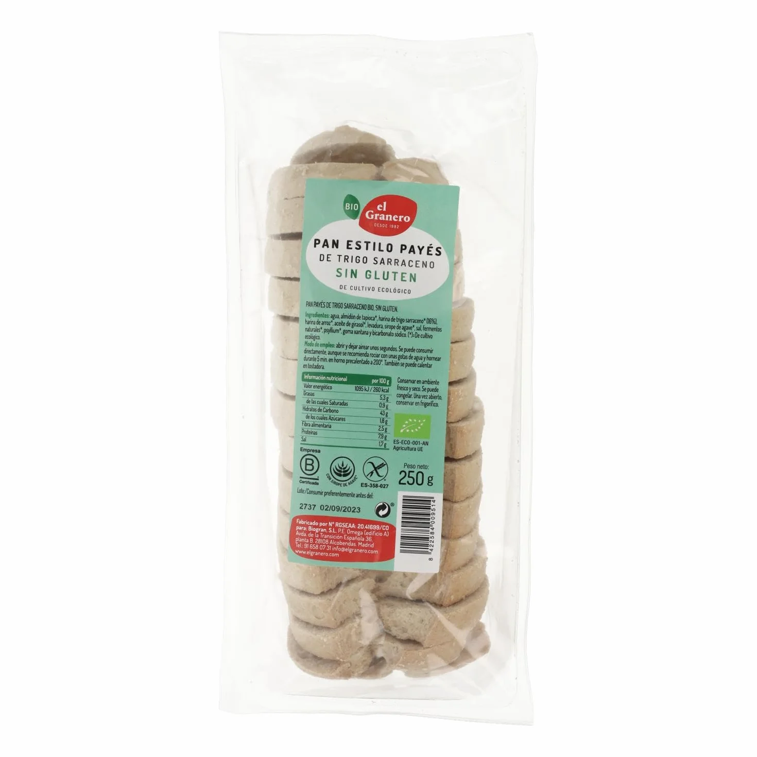 Pan Payés con Trigo Sarraceno Sin Gluten BIO El Granero Integral 250 g Alto Contenido en Proteínas y Minerales