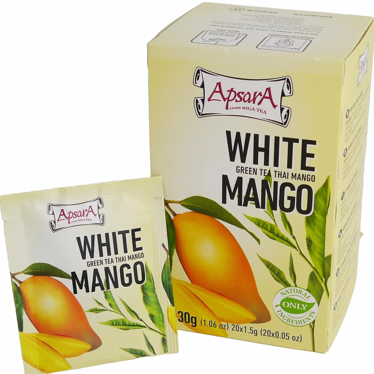 Apsara Premium té de Mango Blanco, juego de 3 (60 bolsitas), té verde y blanco con nota afrutada