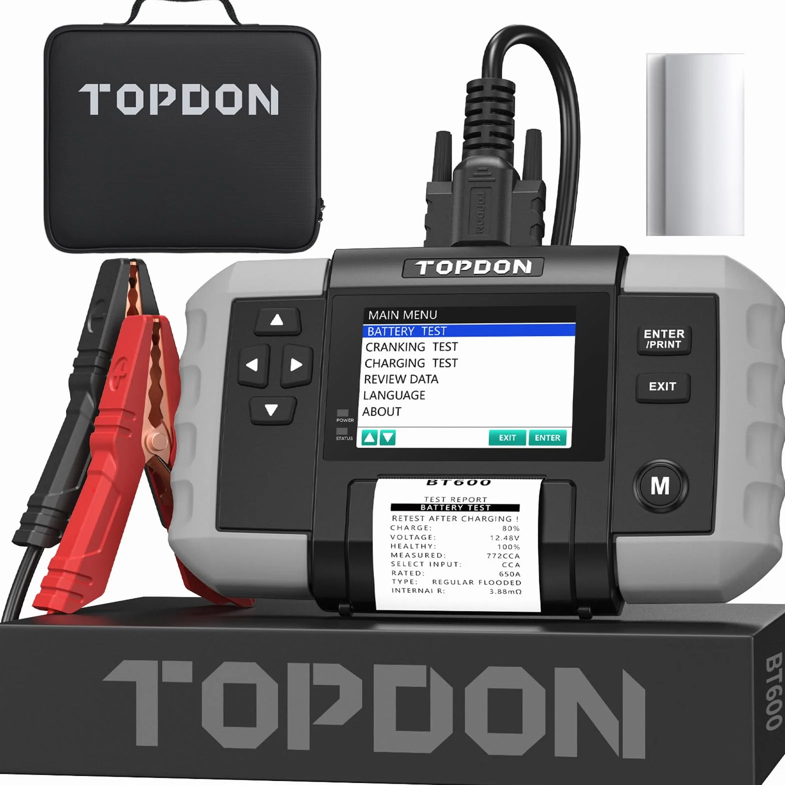 TOPDON BT600 Comprobador de Baterías de Coche 12V 24V 100-2000 CCA con Impresora Pantalla 3.5 pulgadas