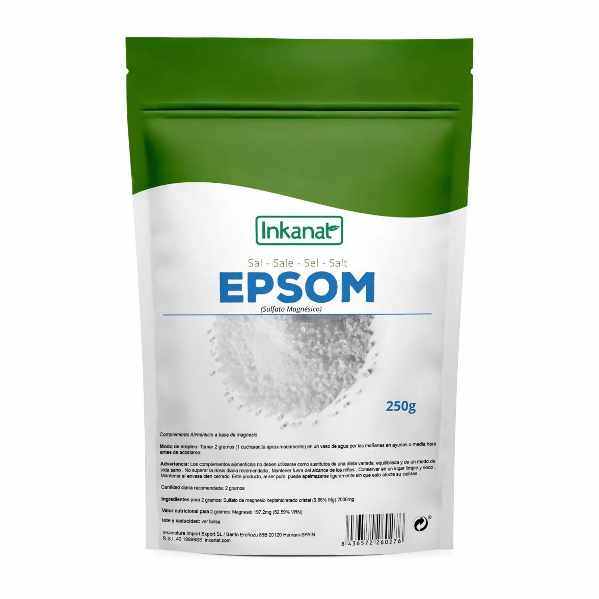 INKANAT Sal de Epsom Sulfato de Magnesio 250g Relajación Alivio Muscular