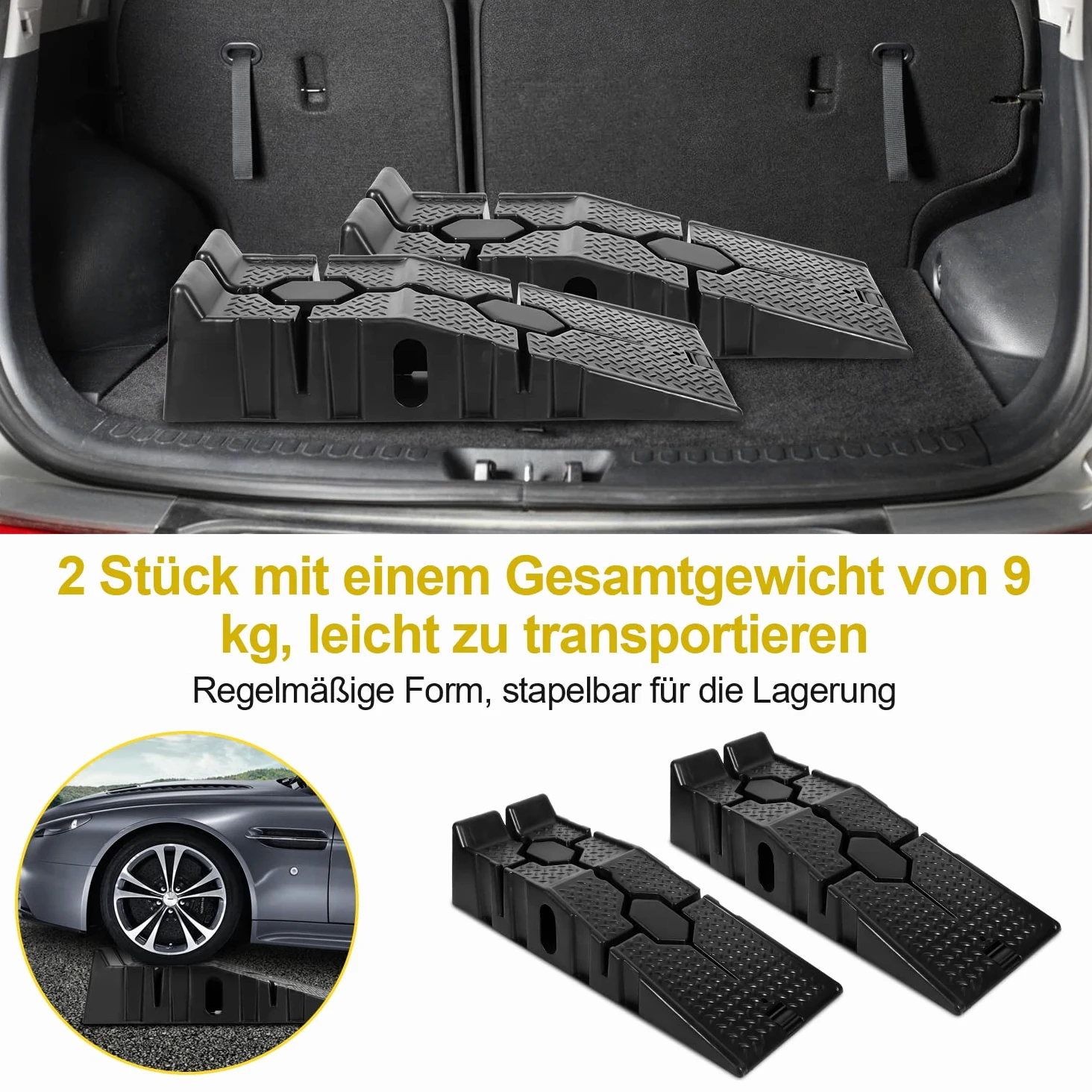 Sonnewelt Juego de 4 rampas de entrada de plástico, 90 cm, rampa de carga pesada de hasta 5000 kg/5T, rampa de entrada para coche, anchura de hasta 330 mm, 90 x 33 x 22 cm