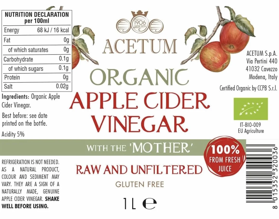 Vinagre Sidra de Manzana Madre ACETUM 1 Litro 100% Italiano Orgánico