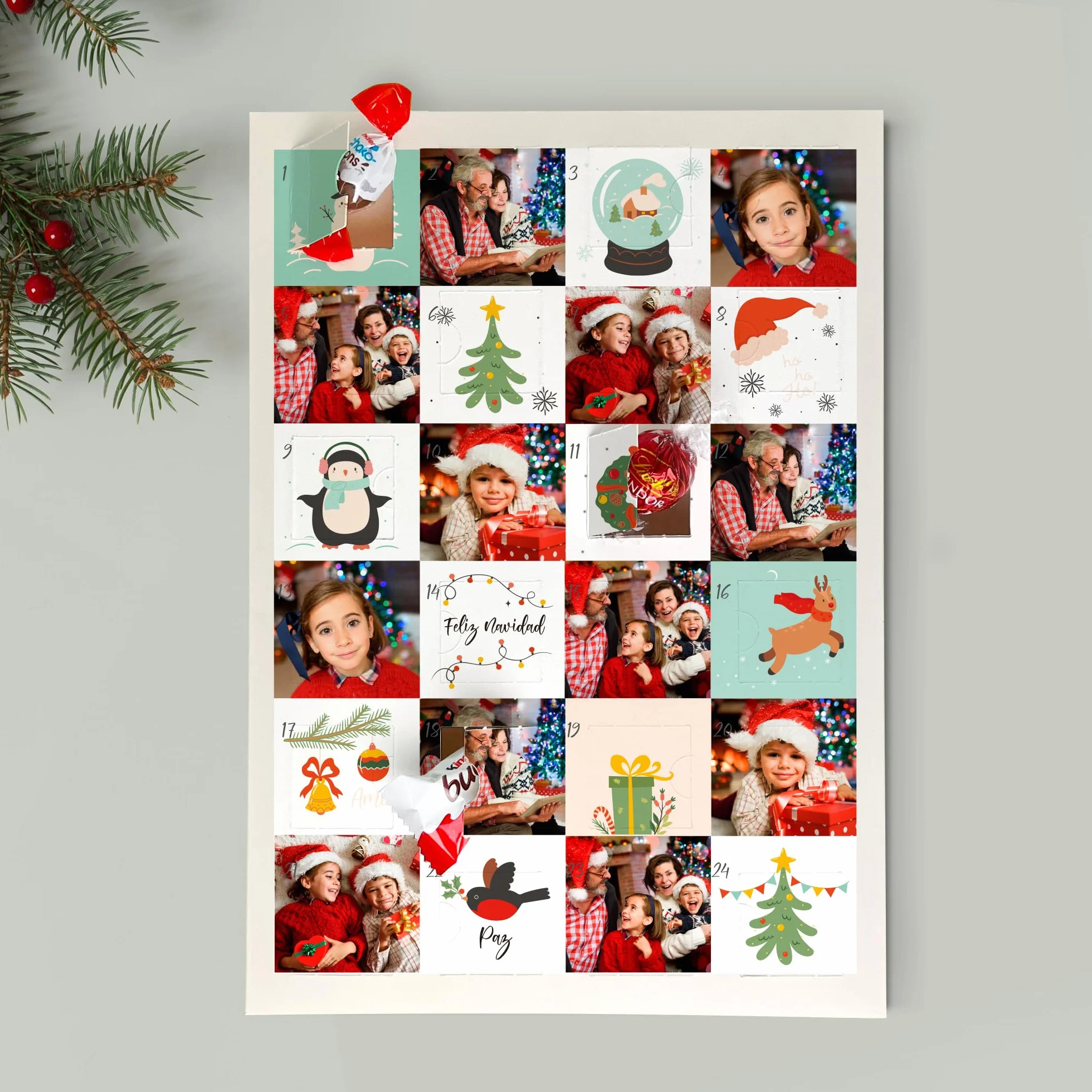 Calendario de Adviento Personalizado con Fotos, Relleno de Chocolate Sorpresa, Decoración Navideña