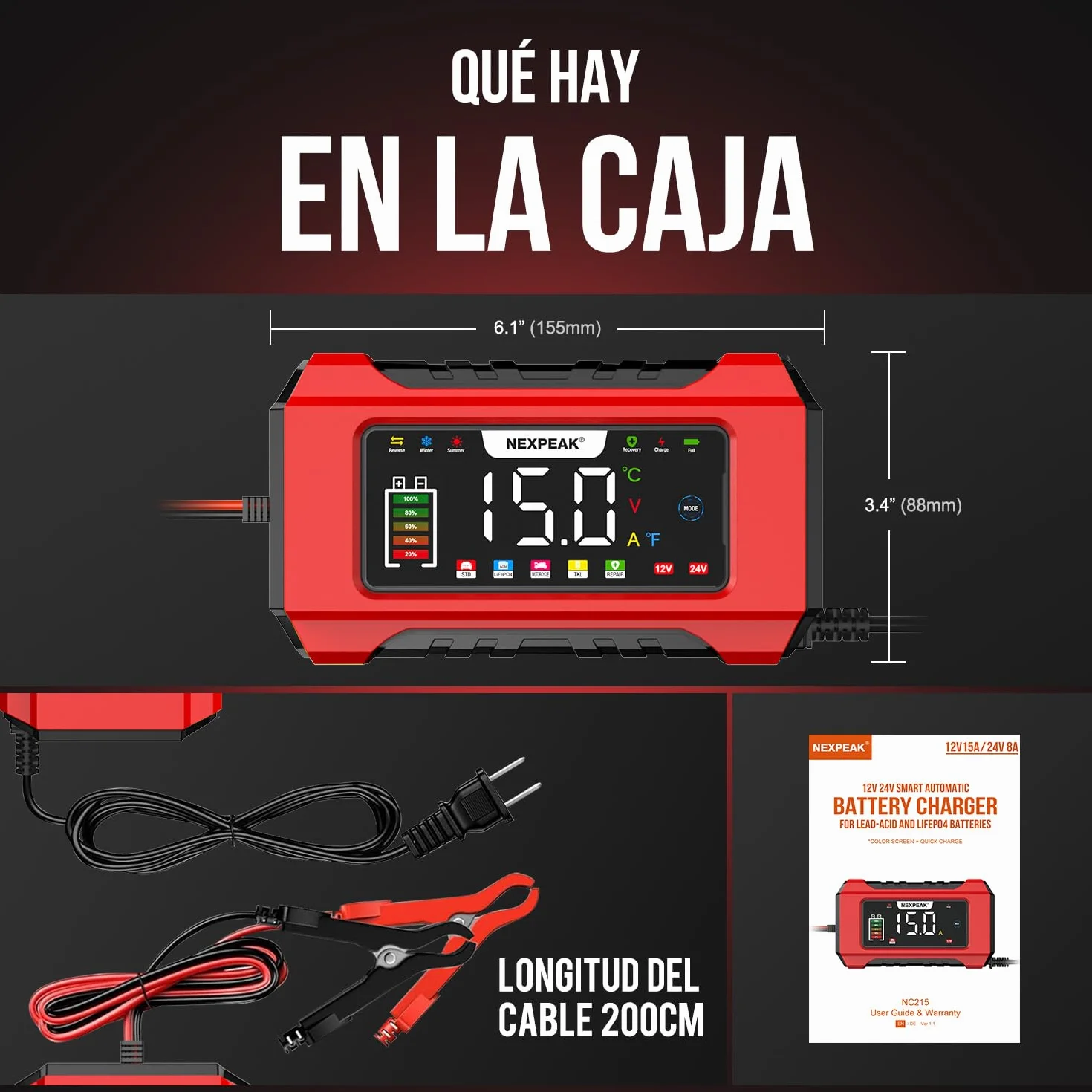 NEXPEAK NC215 Cargador de Batería 15A para Coche, 12V 24V LiFePO4 Portátil 9-Etapas Inteligente - Camión, Moto, Cortacésped, Barco, Marina