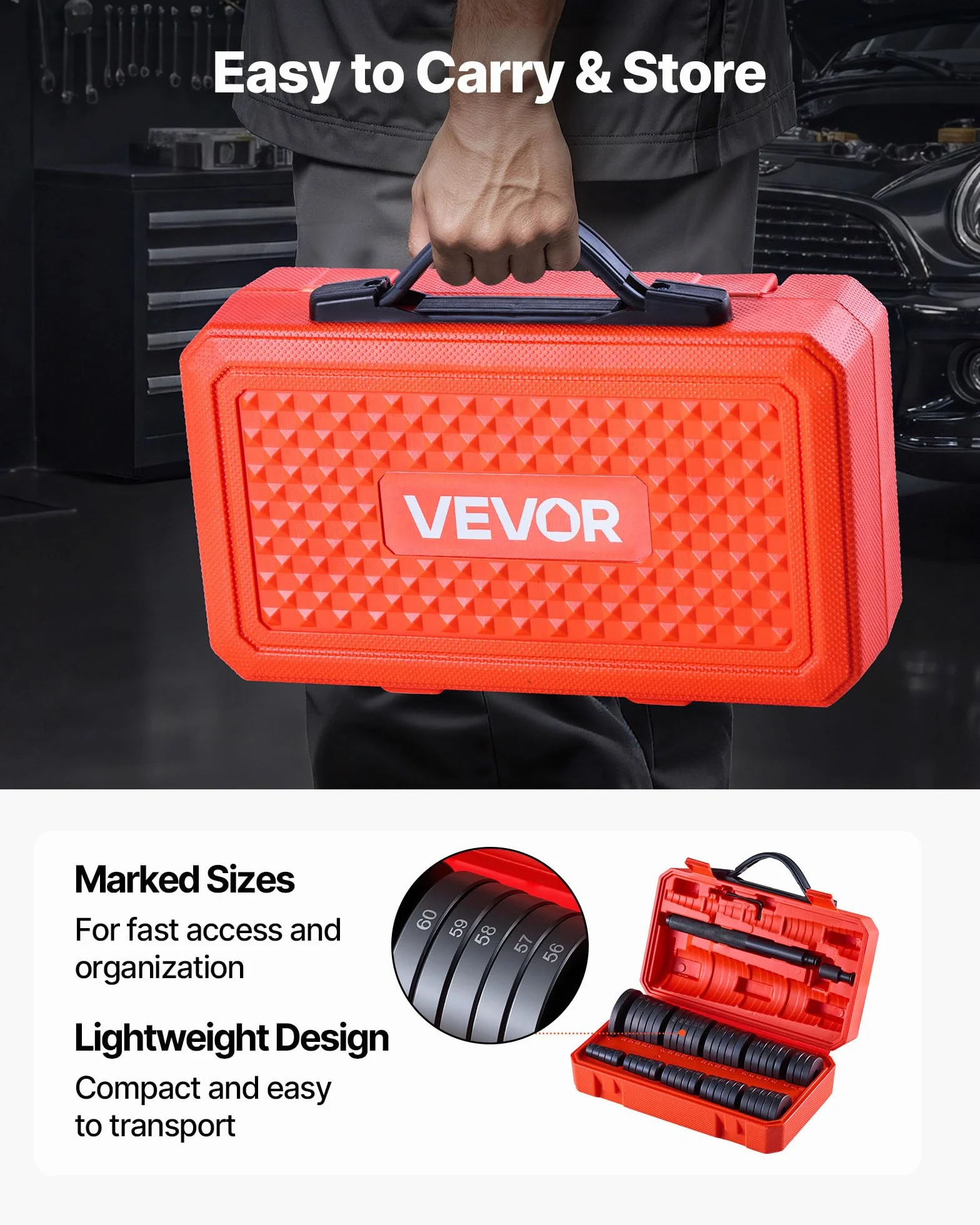 VEVOR Juego de Prensa de Cojinetes 52 uds, con 49 Bujes y Eje de Manija, para Extracción e Instalación, de Acero al Carbono con Estuche, para Mecánicos de Automóviles y Aficionados al Bricolaje
