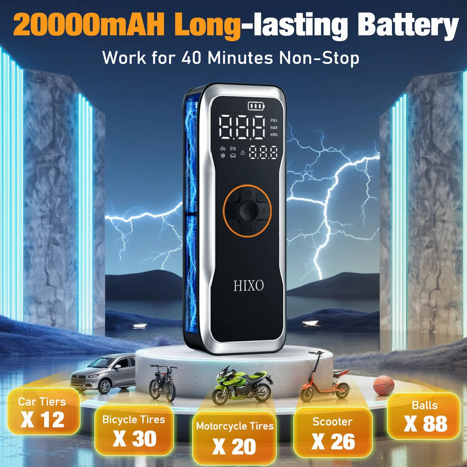 Compresor de aire portátil inflador de neumáticos, bomba de aire inalámbrica para neumáticos de coche con batería de 20000 mAh y 12 V CC, inflador rápido de neumáticos de 150 PSI con manómetro digital