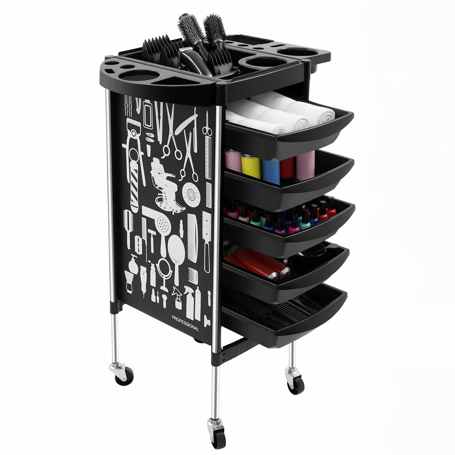 Carrito de salón 5 cajones con ruedas para estilista peluquería spa 20 kg negro
