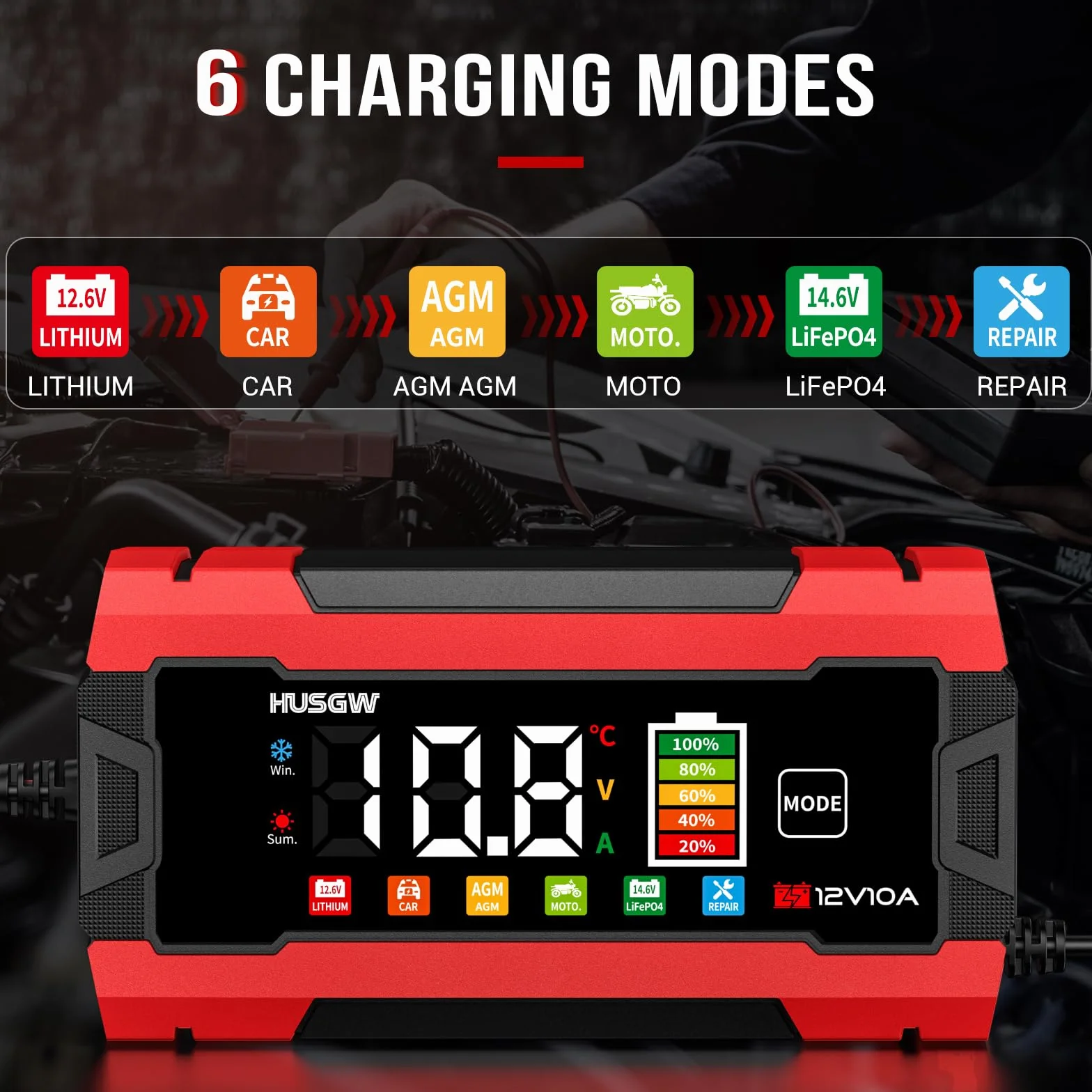 12V 10A Cargador de Batería de Coche, LiFePO4 Cargador de Batería de Moto, Proceso de Carga de Tres Etapas, Protección de Seguridad Múltiple, para Auto, Moto, AGM, Gel, Wet, SLA, LiFePO4 (10 Rojo)