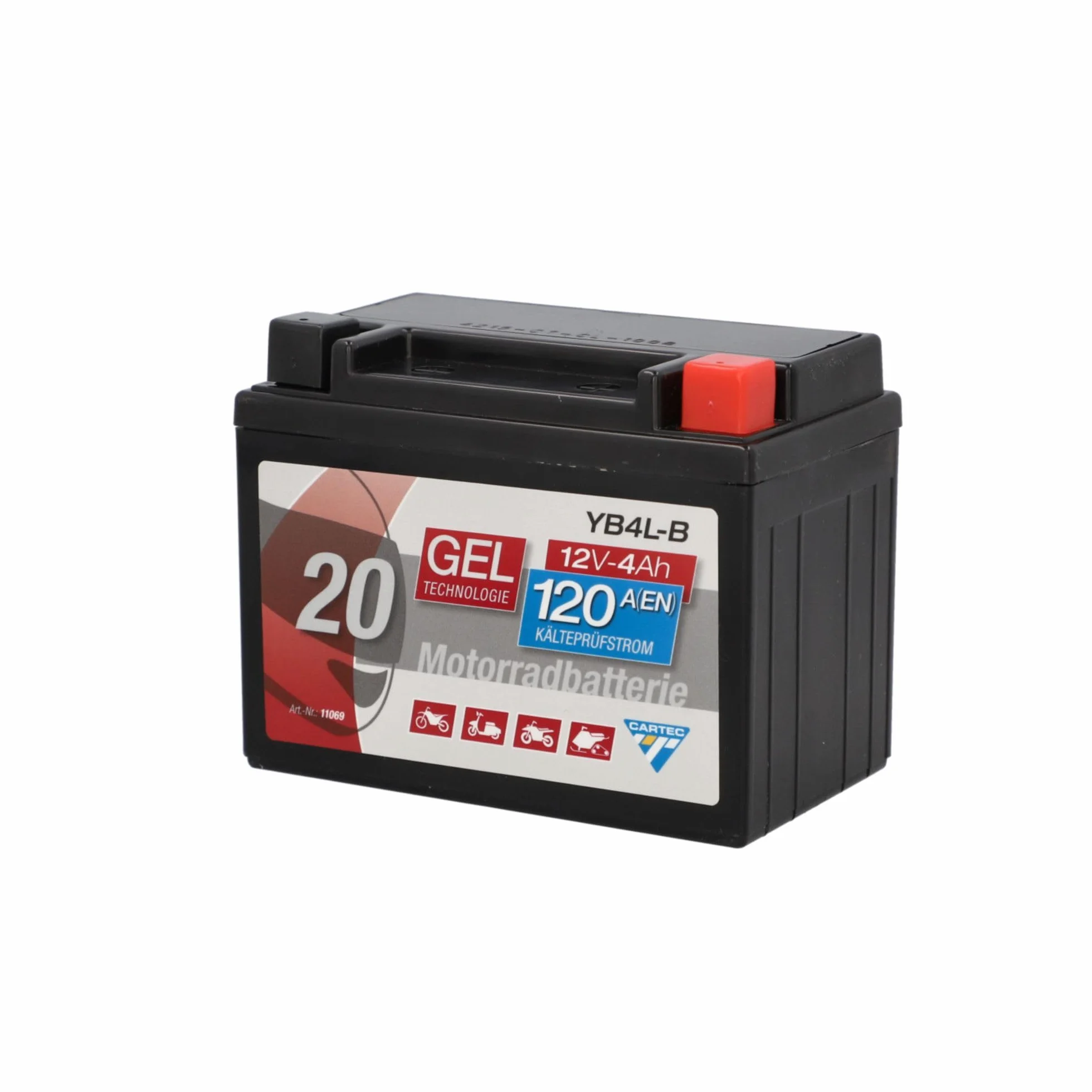 Batería de motocicleta Cartec YB4L-B 4Ah 56A Batería de tecnología de gel Calidad OEM Almacenamiento a prueba de ciclos Sin mantenimiento