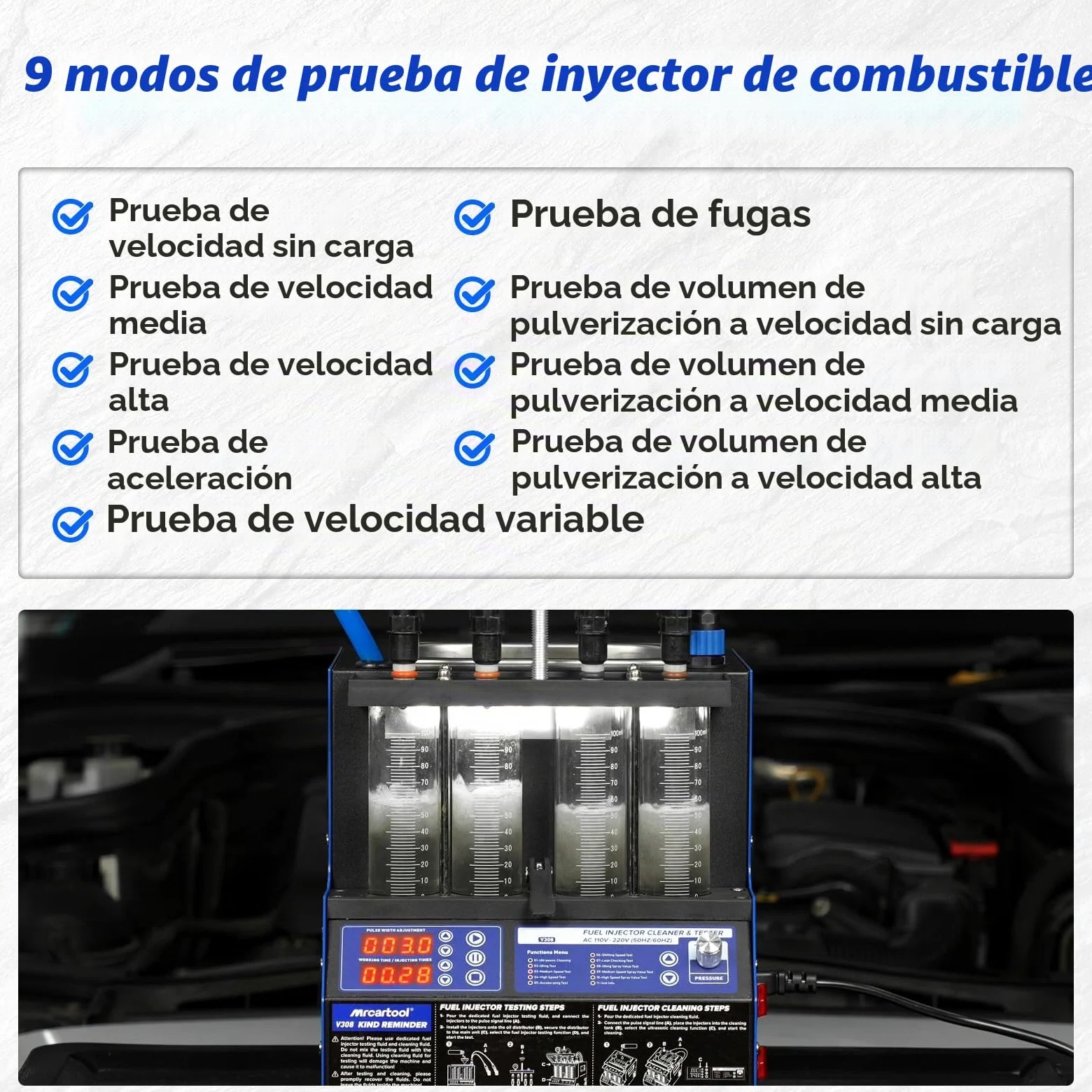 BELEY Limpiador de inyectores ultrasónicos de 220 V y dispositivo de prueba con función de calefacción, limpiador de inyectores de combustible con 10 funciones de prueba, pantalla LED y adaptador de 4