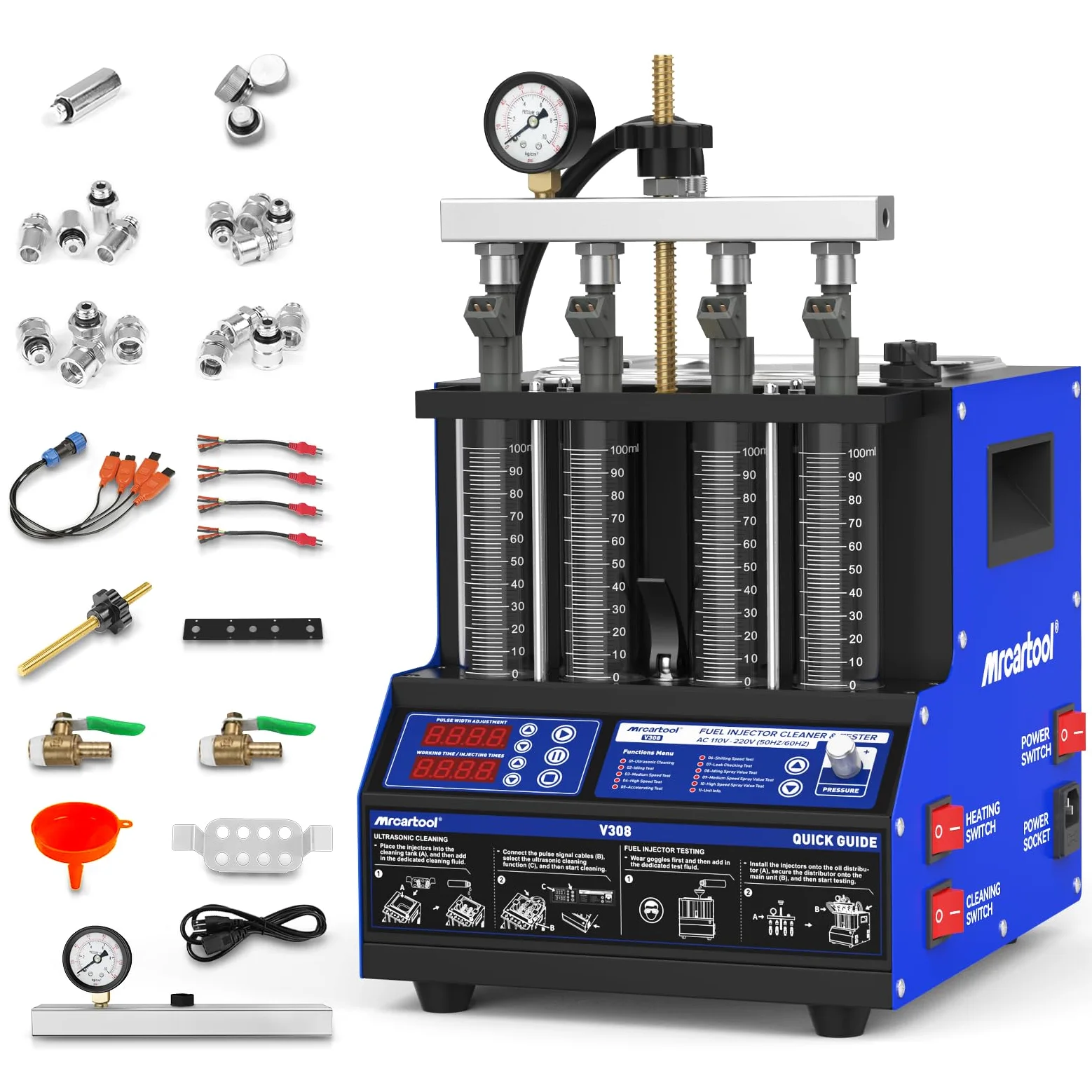 MR CARTOOL V308 Máquina Limpiadora de Inyectores de Combustible de 4 Cilindros, Máquina Probadora de Inyectores, Kit de Limpieza de Inyección de Sistema de Combustible Ultrasónico Calentado para