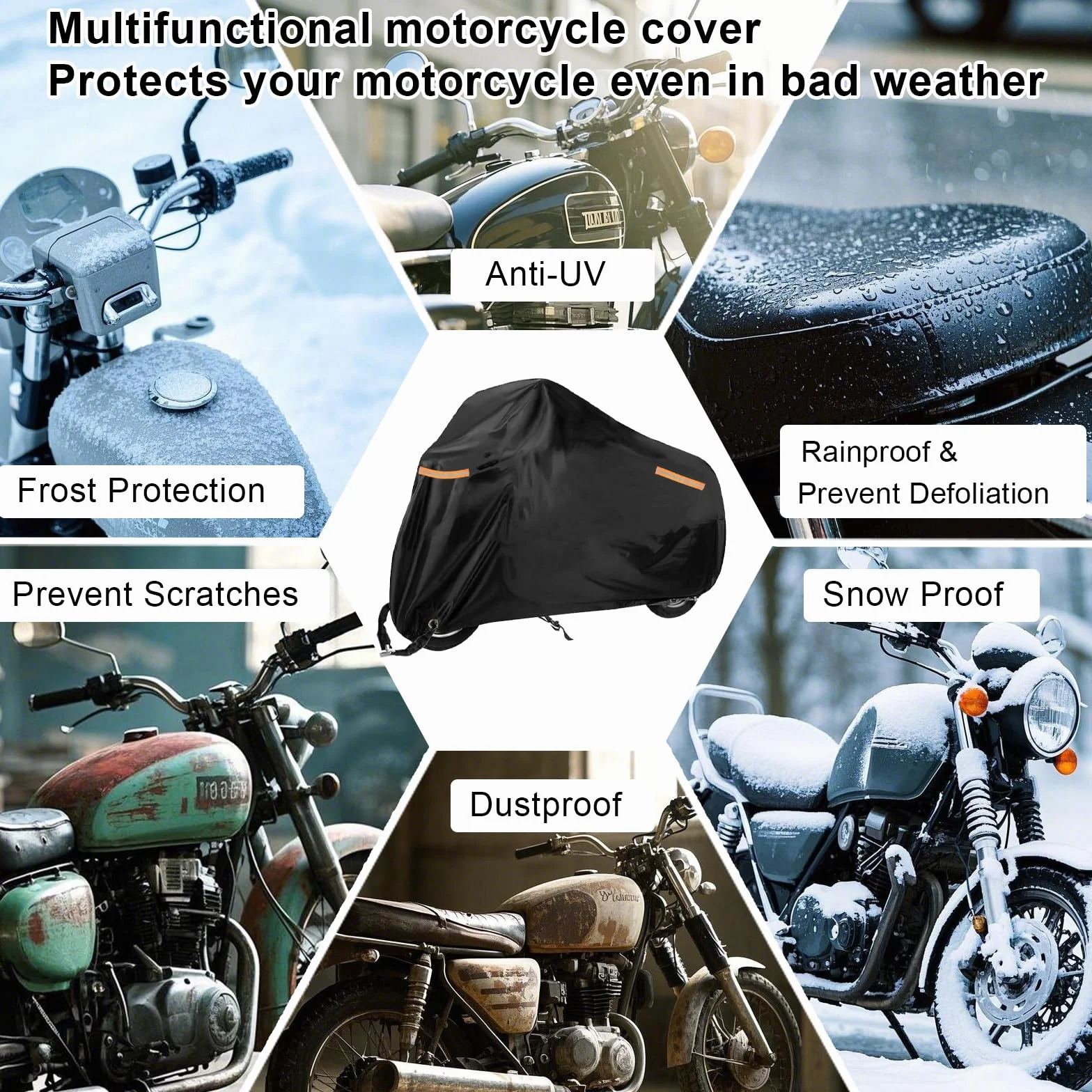 USHOP Funda para Moto Exterior XXL,Funda Moto,Tejido Oxford 210D,protección UV,con Bandas Reflectantes,Orificio para candado y Correas antiviento,para Motos,Scooter(245x105x125 cm)