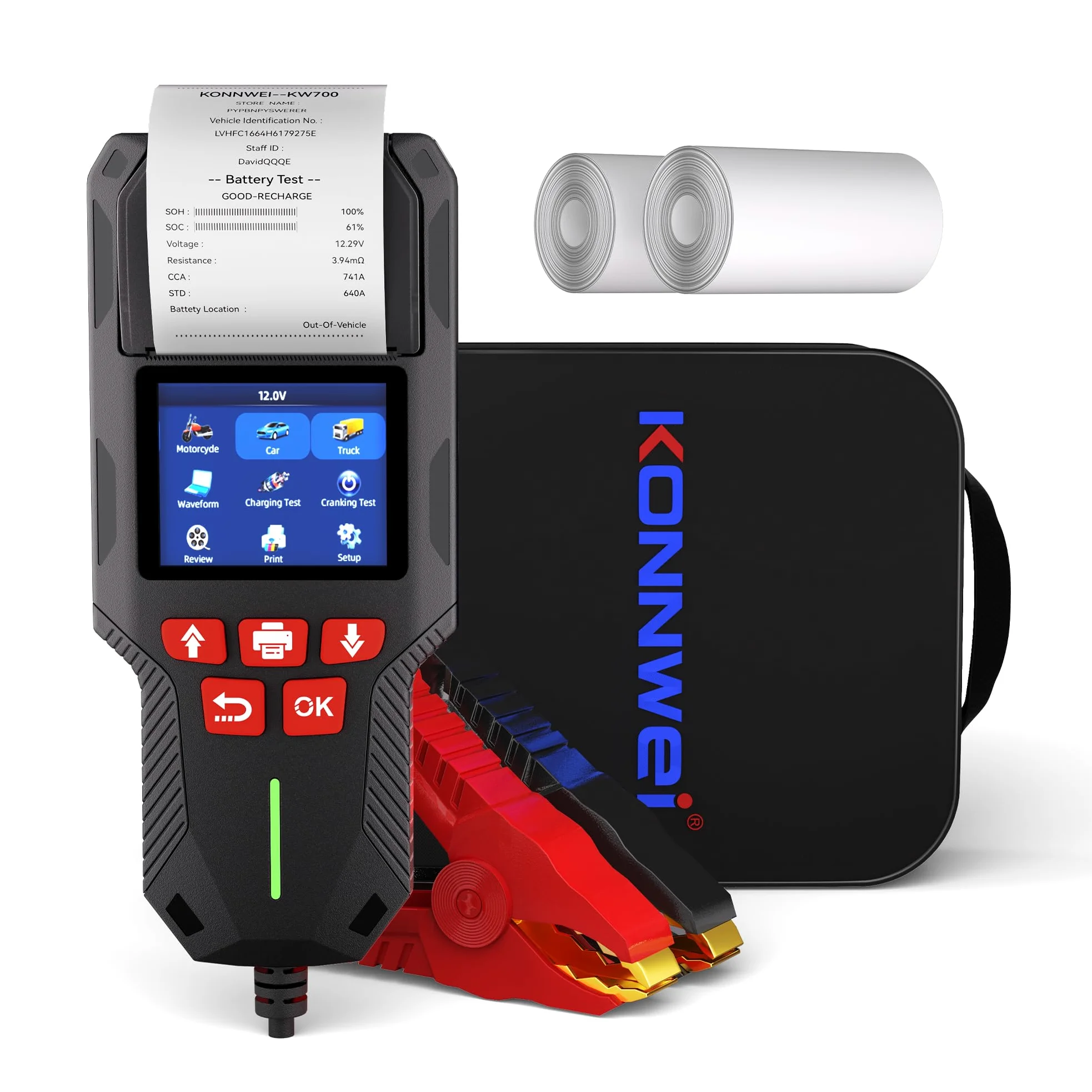 KONNWEI Comprobador de batería de coche con impresora 12V 24V 100-2000 CCA analizador de batería