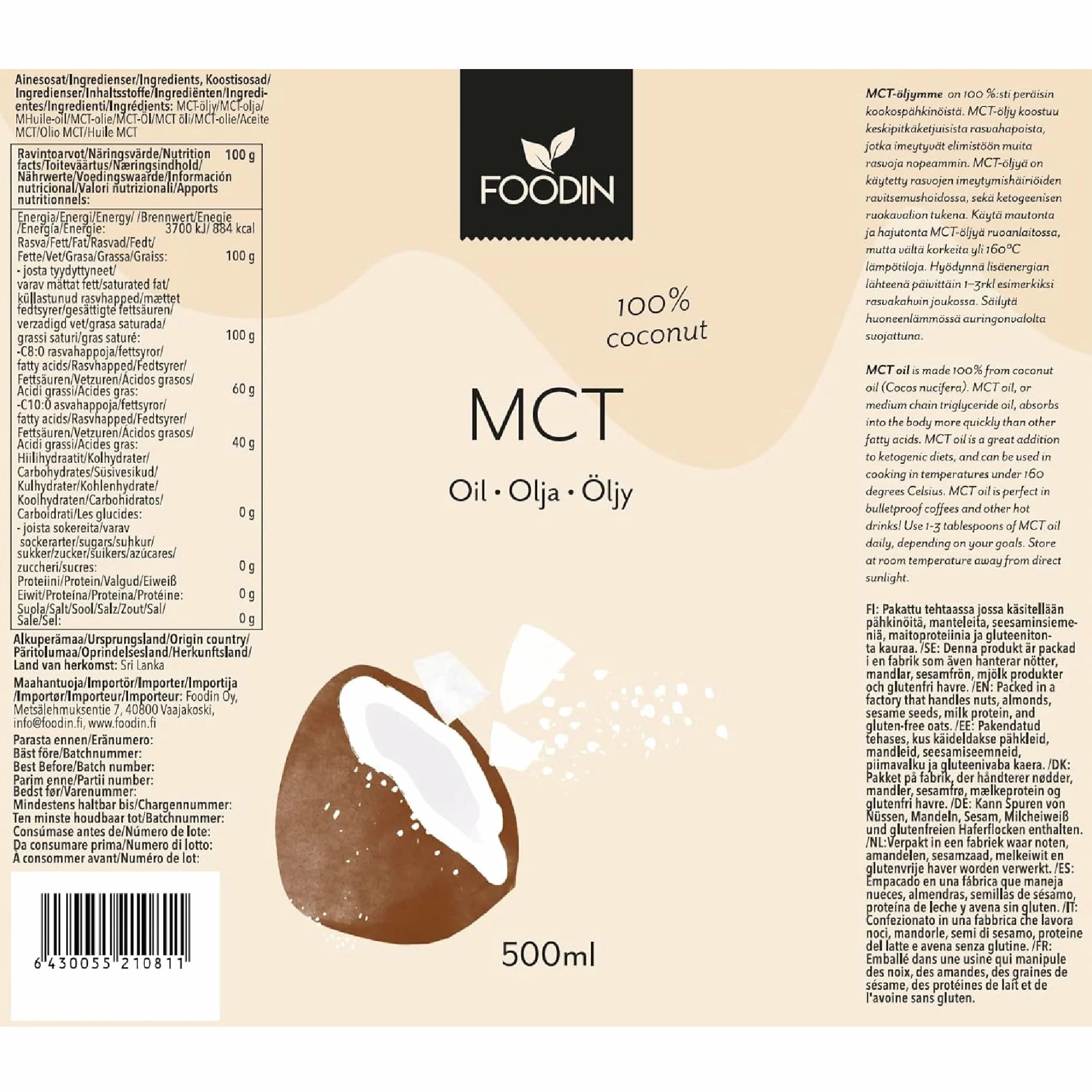 FOODIN Aceite MCT 1000 ml (2 x 500 ml) 100% aceite de coco, triglicéridos de cadena múltiple, vegano, sin gluten, para cetogénica