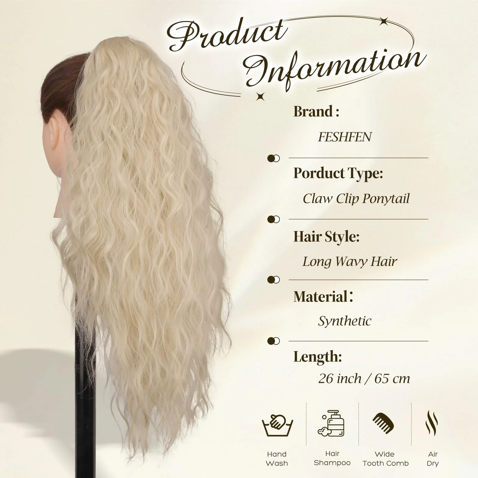 FESHFEN Coleta Postiza Pelo Natural 65 cm Rubio Platino Ondulado Rizado con Pinza