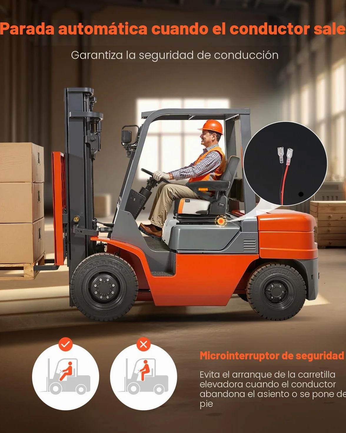 VEVOR Asiento Universal para Carretilla Elevadora 60 x 51 x 64cm, Asiento con Suspensión, Respaldo Ajustable, Reposabrazos y Cinturón de Seguridad, Microinterruptor, para Cortadora de Césped, Tractor