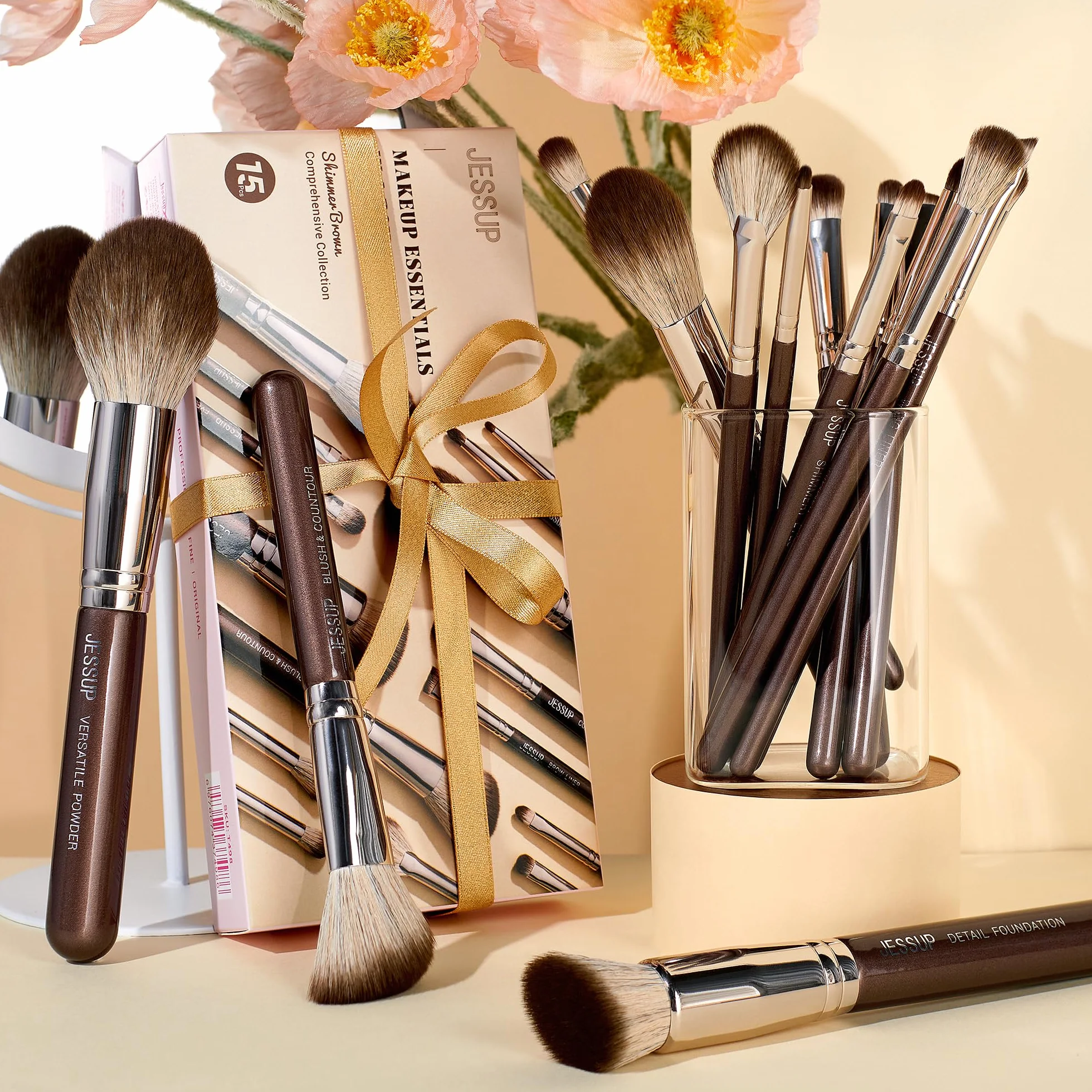 Jessup Brochas de Maquillaje Marrón 15Pzs Set Brochas Maquillaje Profesional Pincele para Base en Polvo,Corrector,Cejas,Sombra de Ojos, Contorno,Delineador de Ojos,Pinceles Mezclar,T498