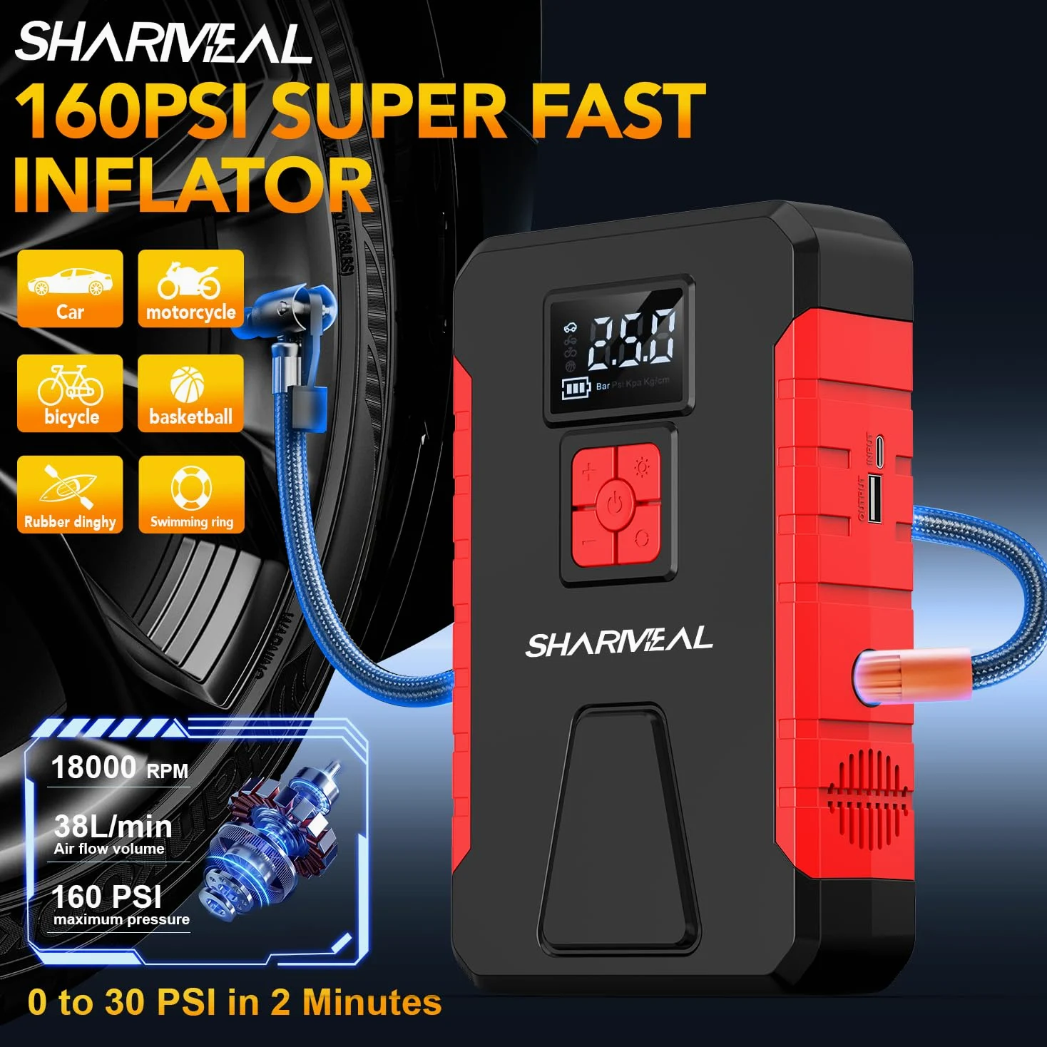 SHARMEAL Paquete de energía de Arranque de 5000 A con compresor de Aire de 150 PSI, Amplificador de batería portátil de Coche de 12 V (10.0 L de Gas/9.0 L diésel), Banco de energía de Arranque de
