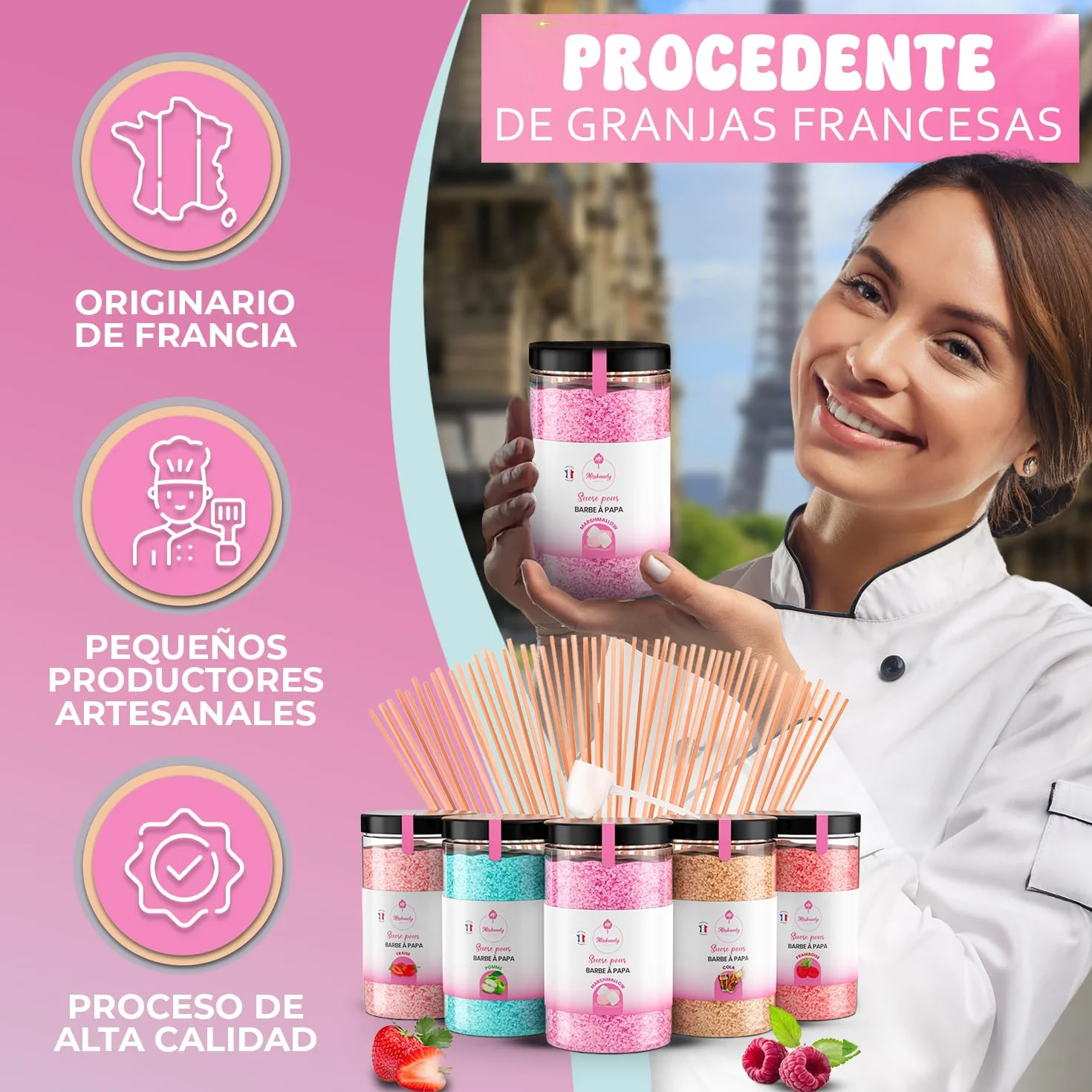Algodón de azúcar Misskandy para máquina 1,5kg sabores fresa, manzana, malvavisco, cola, frambuesa + 50 barritas 30cm