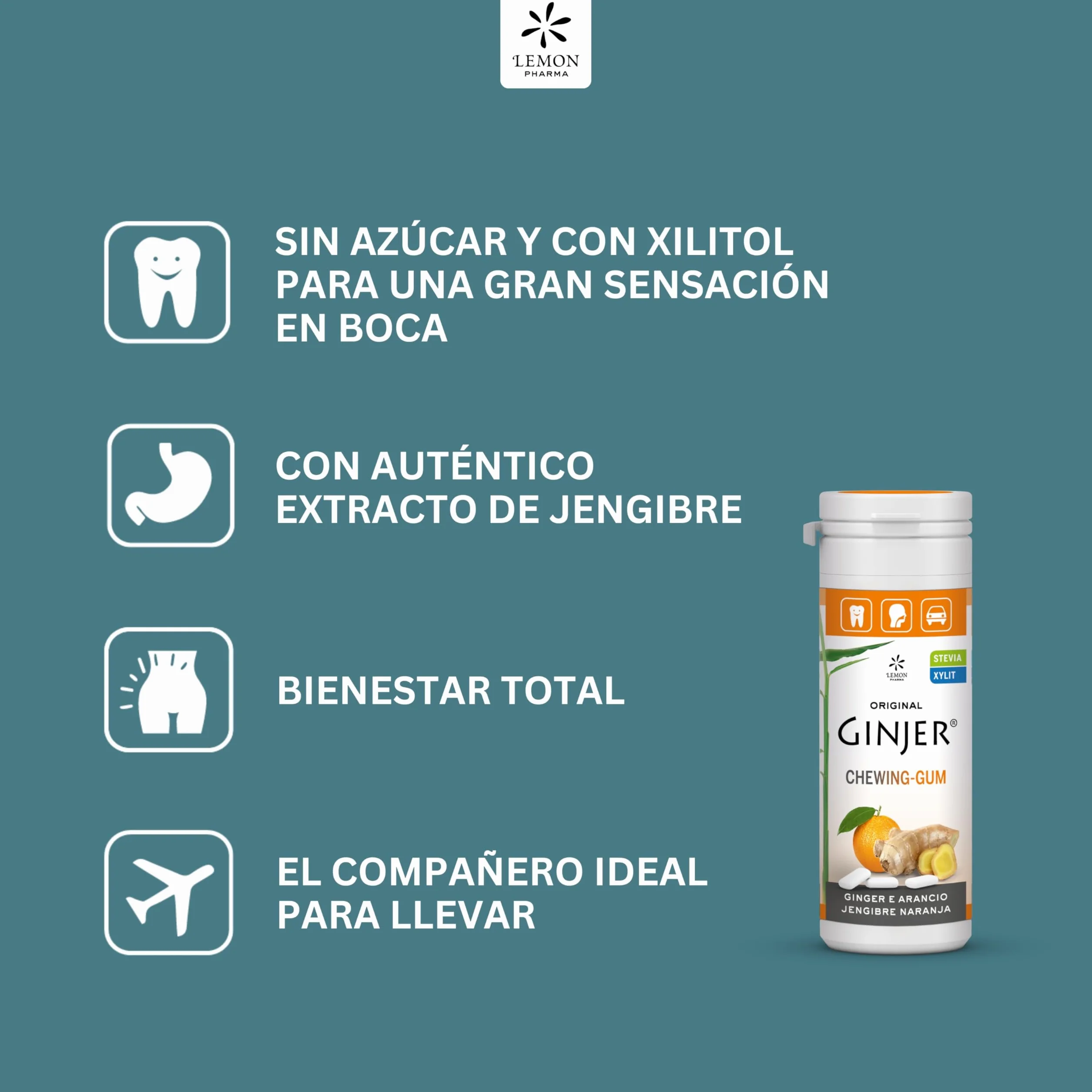 Lemon Pharma GINJER® Chicles de Jengibre-Naranja 30 g goma de mascar vegana sin azúcar