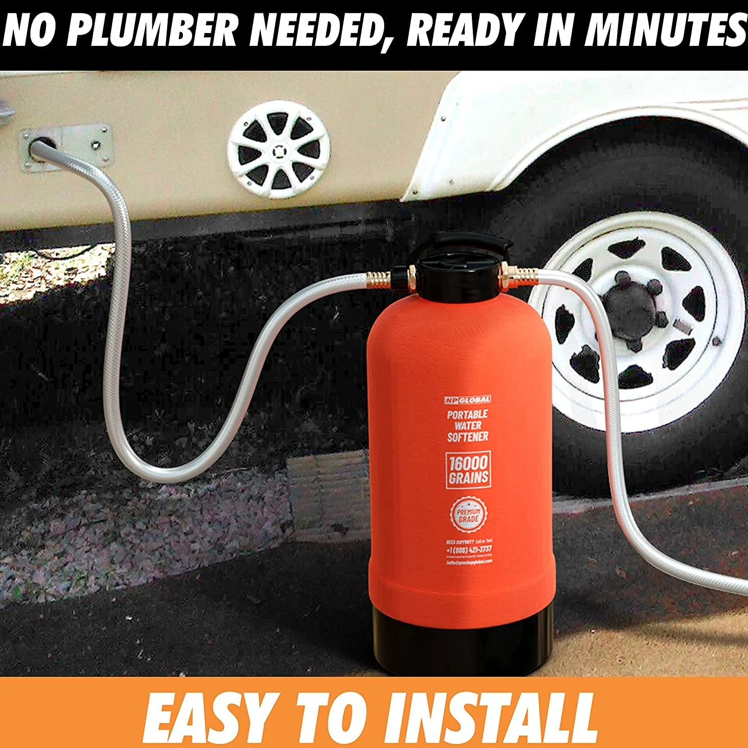 Ablandador de agua portátil NPGLOBAL 16.000 granos 3/4" GHT para autocaravanas
