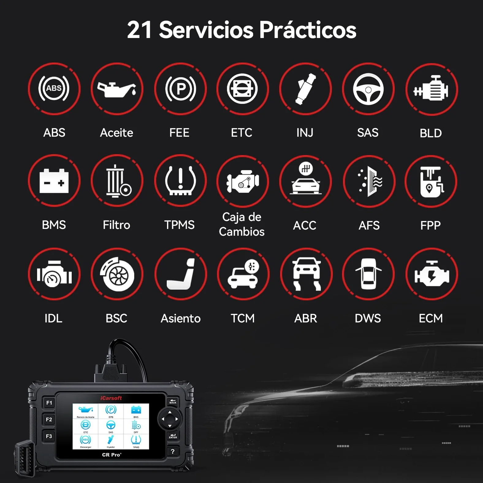 iCarsoft CR Pro+ OBD2 Máquina Diagnosis Coche Multimarca Español, Escáner de Todo el Sistema, 49 Funciones Reinicio, Bidireccional Detector Fallos Coche, Prueba de Batería, Vin Automático