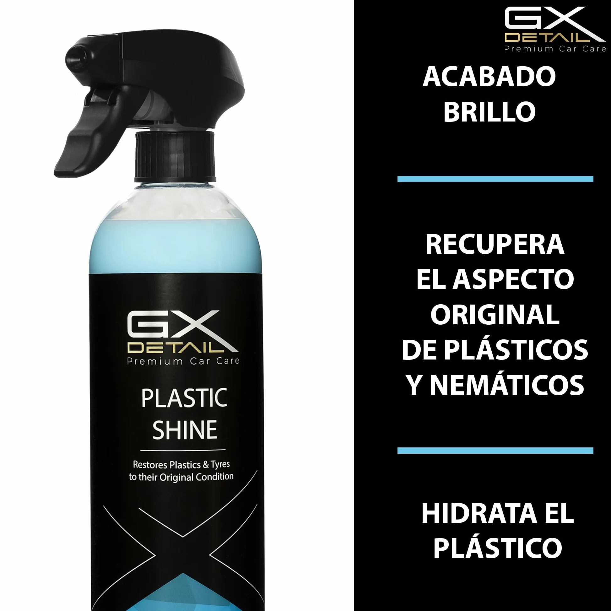 GxDetail Recuperador de Plásticos y Abrillantador Hidratador de Plástico y Neumáticos Coche y Moto 5 Litros – Recuperador de Gomas Viejas, Interior, Exterior, Ruedas.
