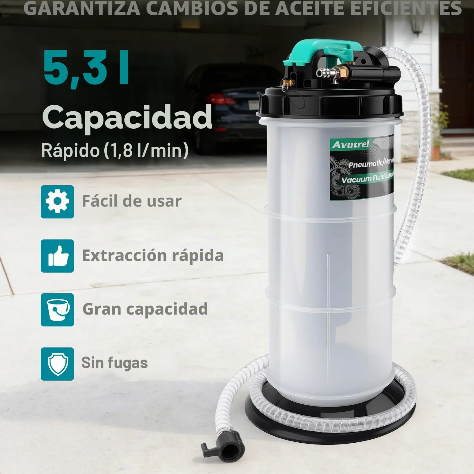 5,3L Manual y Neumática Bomba Succión de Aceite | Bomba Extractora de Fluidos Líquido de Transmisión con 6 Mangueras y Válvula de Seguridad, Bomba de Cambio de Aceite de Motor