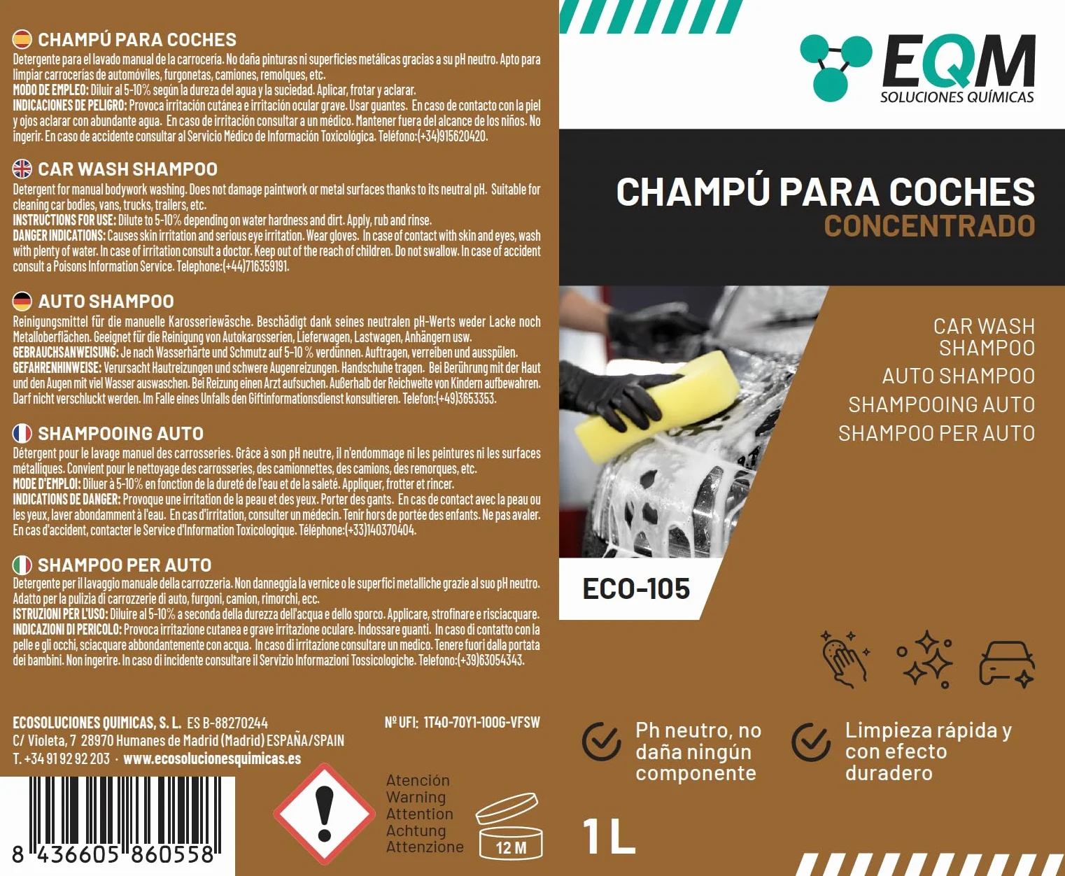Champú Concentrado para Coche ECO-105 1L pH Neutro