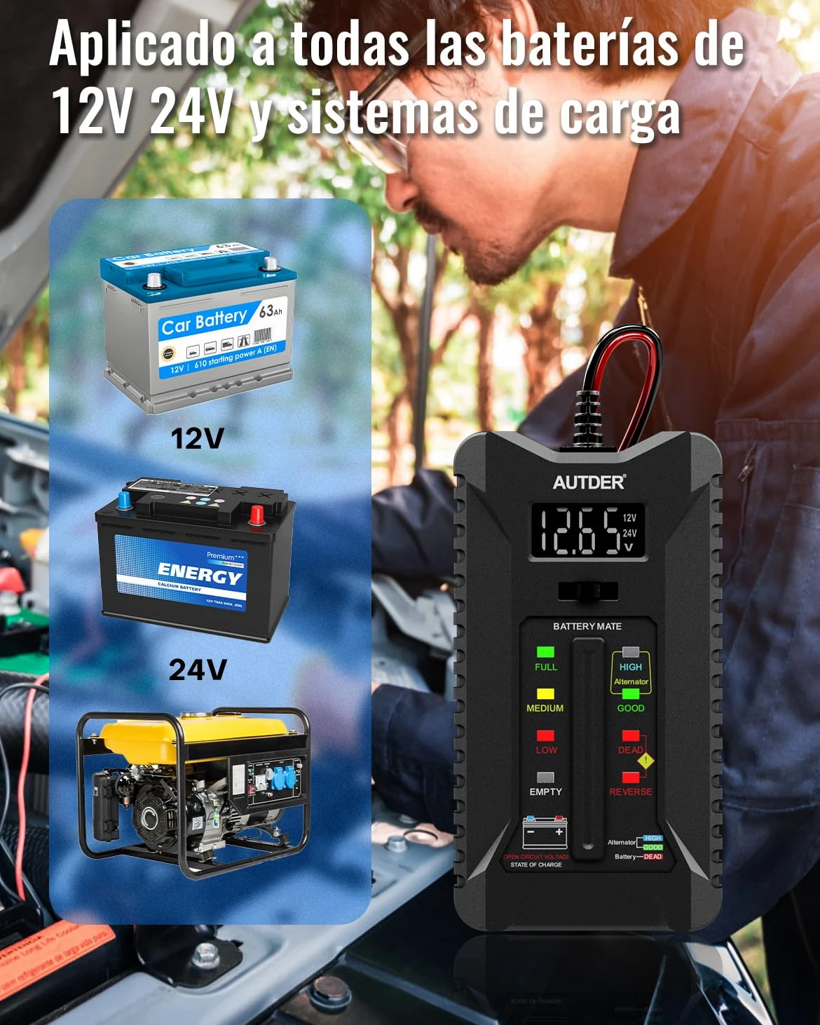 AUTDER Tester de Batería Digital, Volímetro 12V/24V para Baterías de Coche y Moto, Analizador del Sistema de Carga del Alternador con Pantalla LCD e Indicadores LED, Dos Modos de Prueba