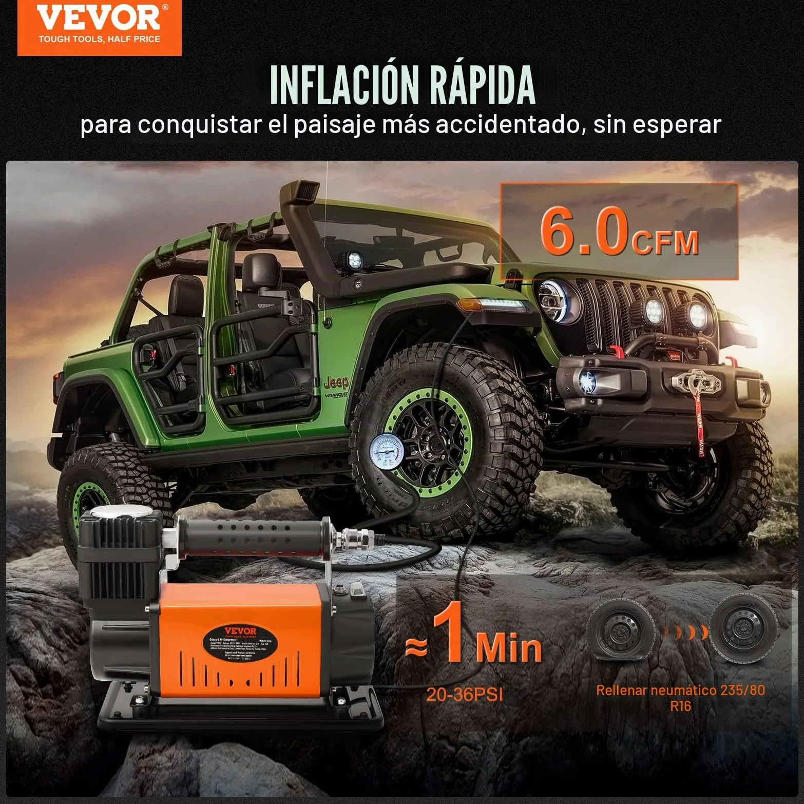 VEVOR Compresor Automático con Motor 12V Inflador Portátil de Neumáticos de Coche 150PSI 6CFM Protección Térmica Bomba de Aire Cable de Alimentación Manguera de Aire de 3m 7,9m para Inflar Camión SUV