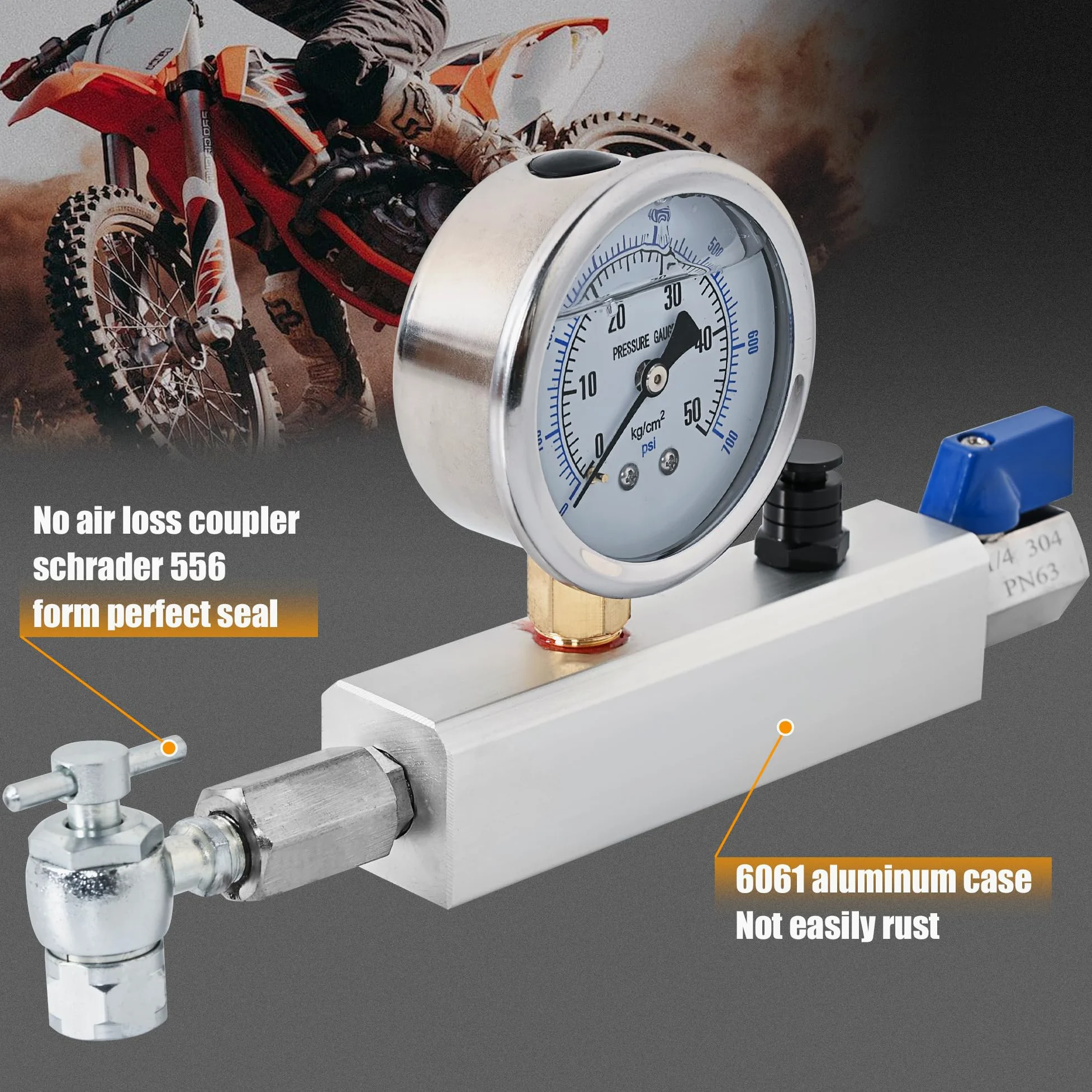 700PSI Kit Regulador de Nitrógeno Chuck Shock Fill Kit Herramienta de Prueba de Presión Compatible with ATV,UTVs,Off-Road Bike,or Cars' Shocks with Schrader Valves